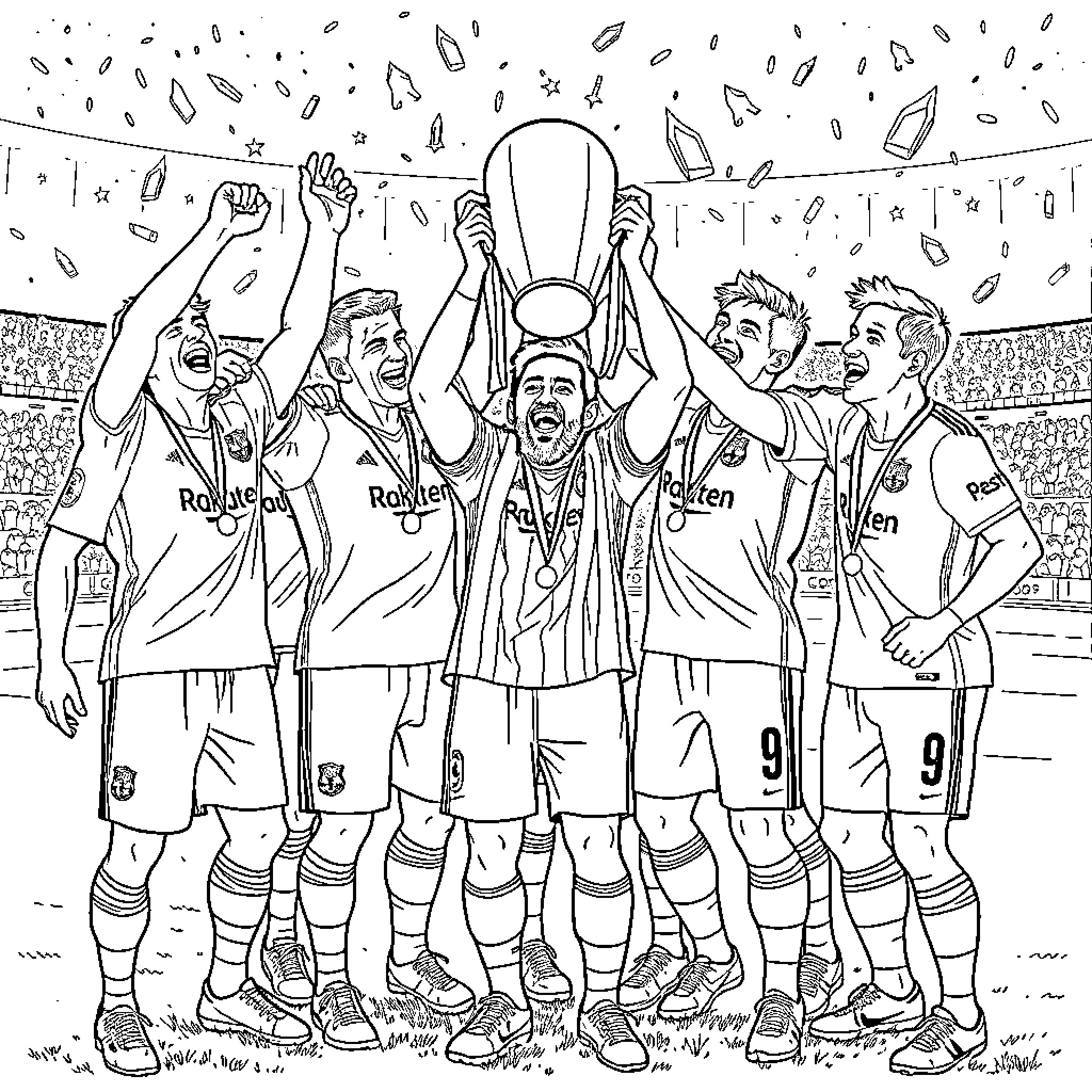 Messi and teammates celebrating trophy win in stadium Coloring Page (free black-and-white line drawing printable PDF for all, from beginners to advanced learners, including children, teens, adults, and seniors)