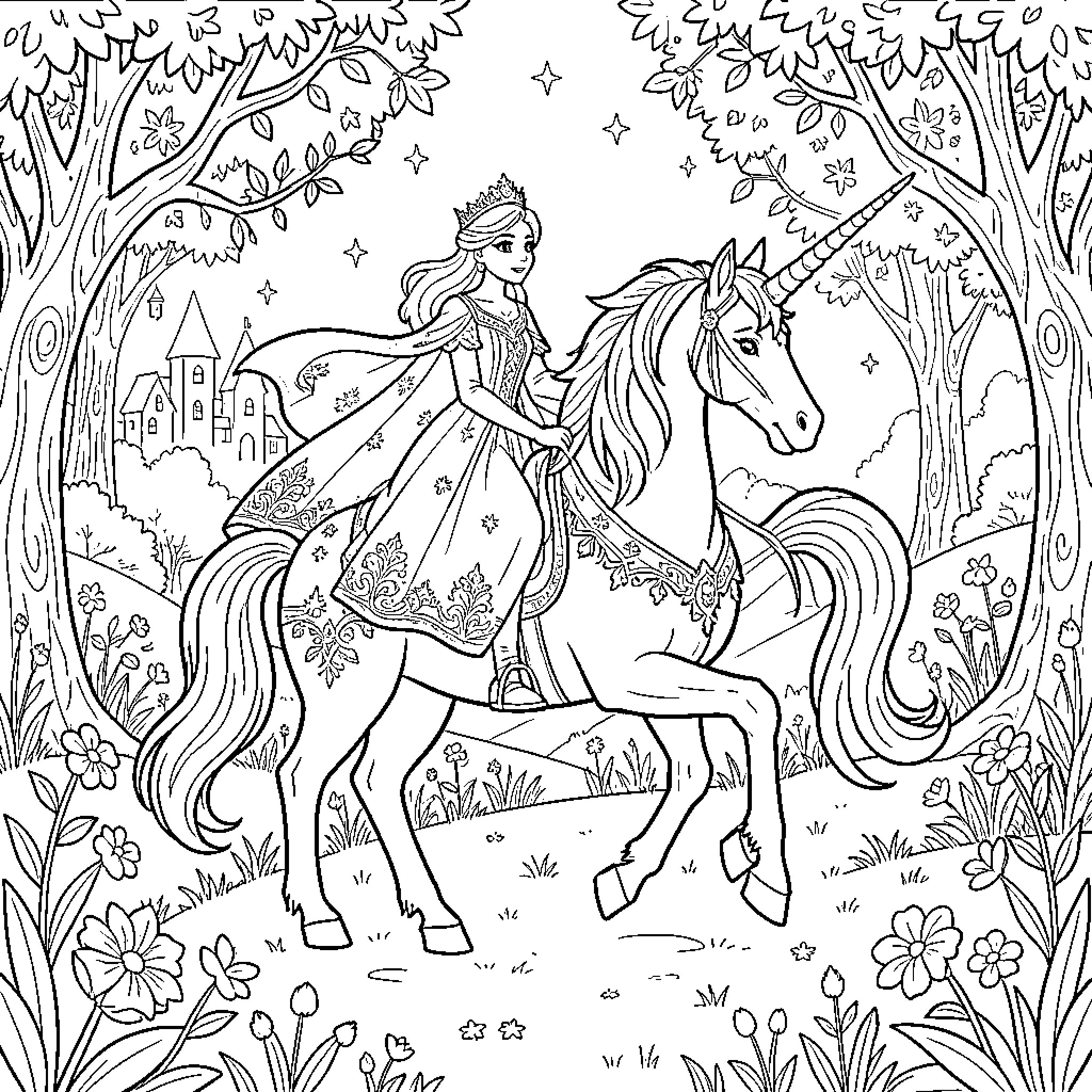 Queen riding a majestic unicorn through a magical forest Coloring Page (free black-and-white line drawing printable PDF for all, from beginners to advanced learners, including children, teens, adults, and seniors)