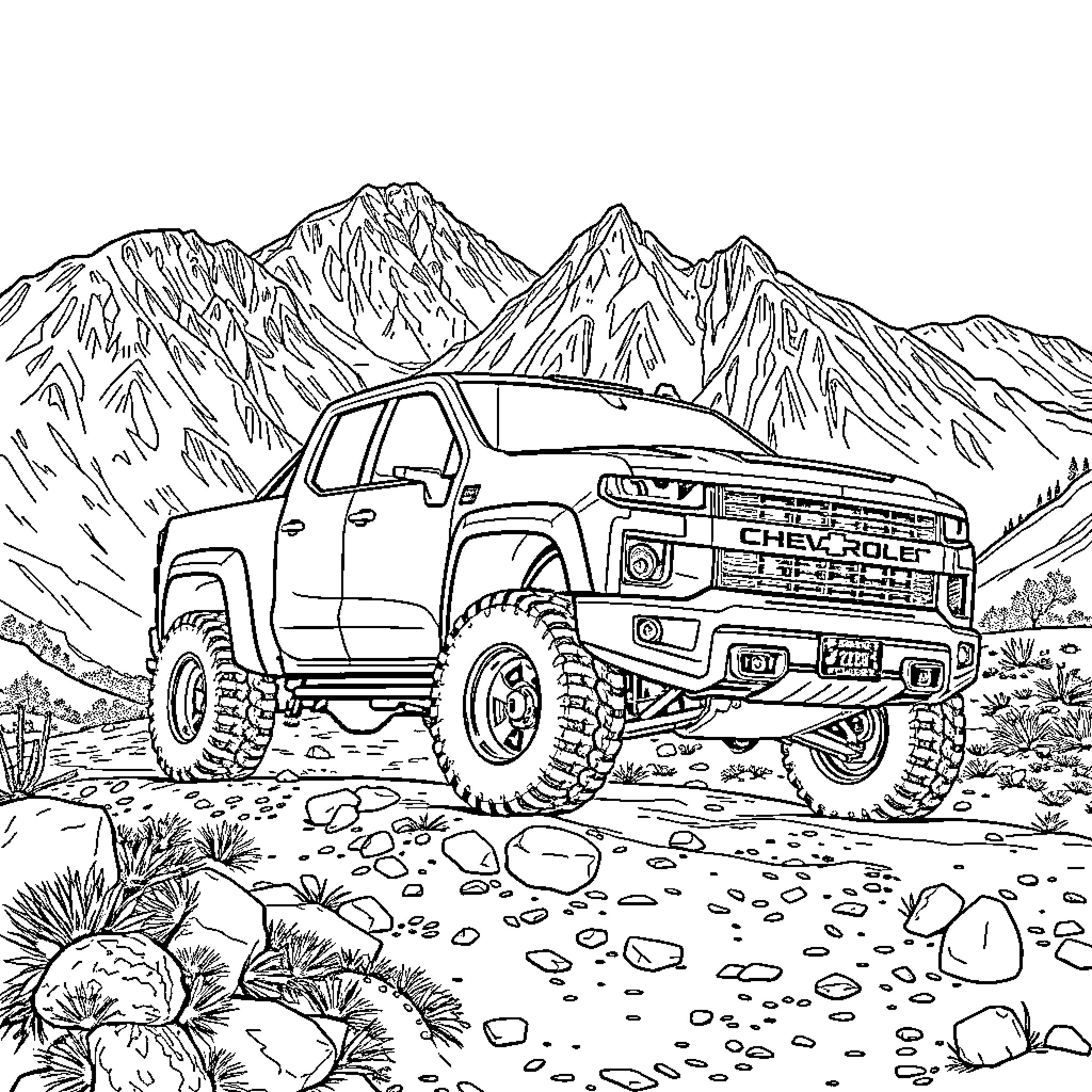 Truck traversing rugged mountain terrain Coloring Page (free black-and-white line drawing printable PDF for all, from beginners to advanced learners, including children, teens, adults, and seniors)