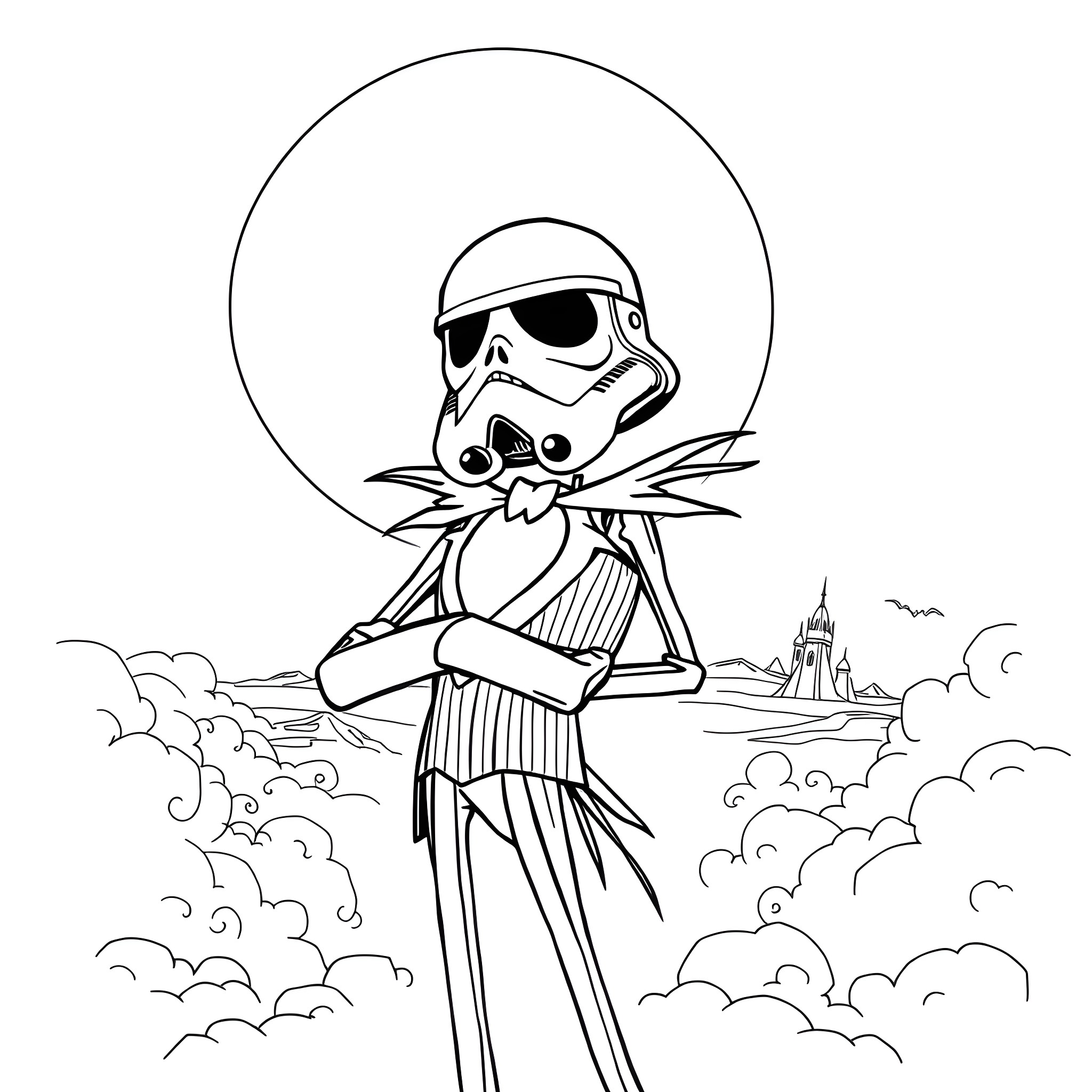 Jack Skellington as a Stormtrooper on a mission Coloring Page (free black-and-white line drawing printable PDF for all, from beginners to advanced learners, including children, teens, adults, and seniors)