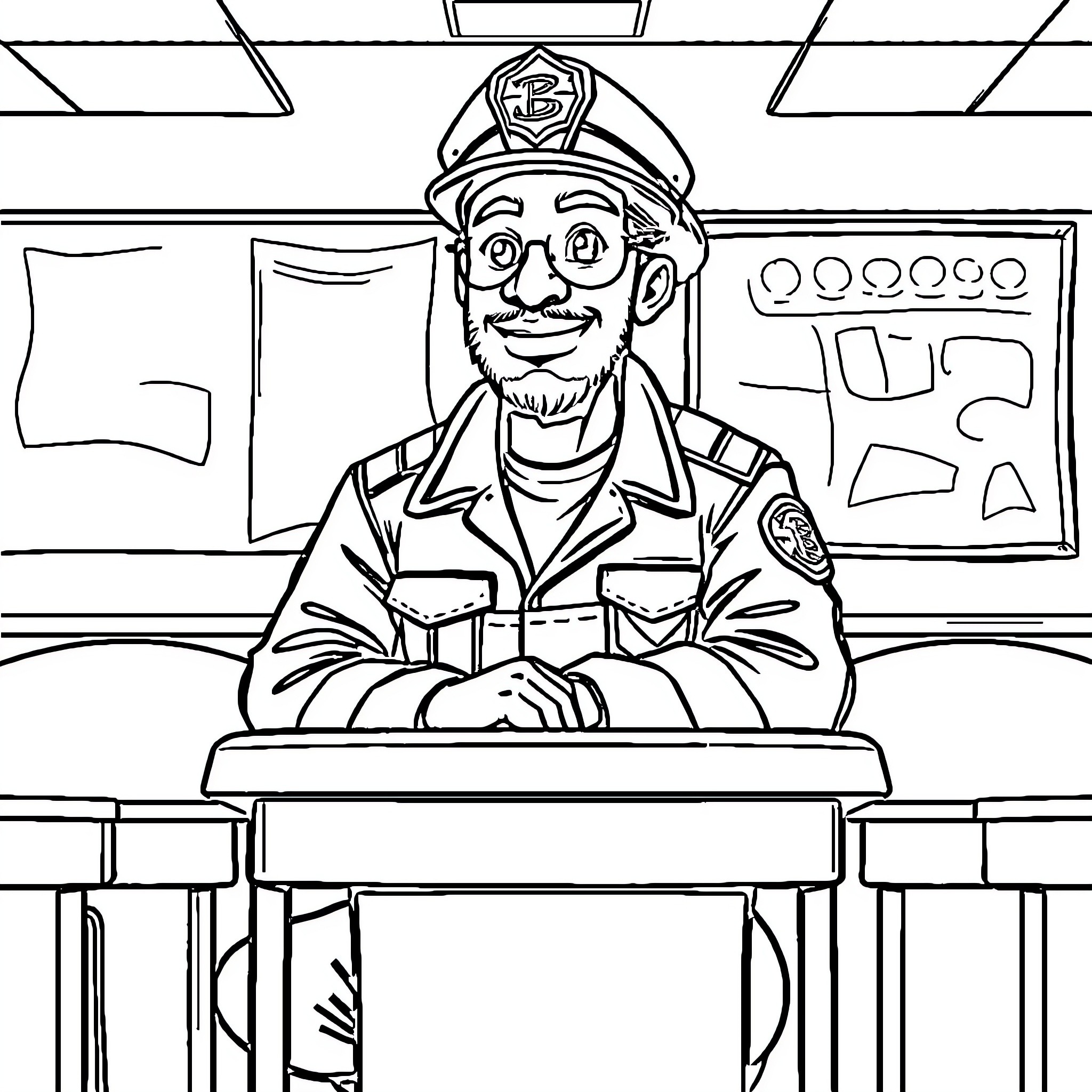 Fire Captain Overseeing Emergency Operations Coloring Page (free black-and-white line drawing printable PDF for all, from beginners to advanced learners, including children, teens, adults, and seniors)