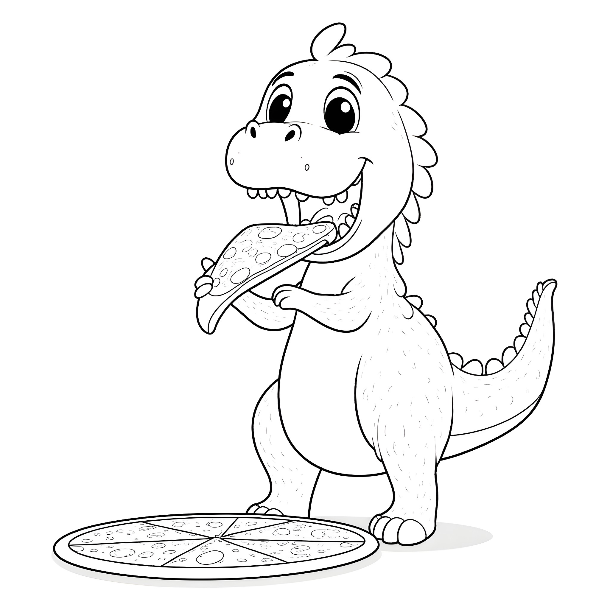 Dinosaur enjoying a tasty pizza Coloring Page (free black-and-white line drawing printable PDF for all, from beginners to advanced learners, including children, teens, adults, and seniors)