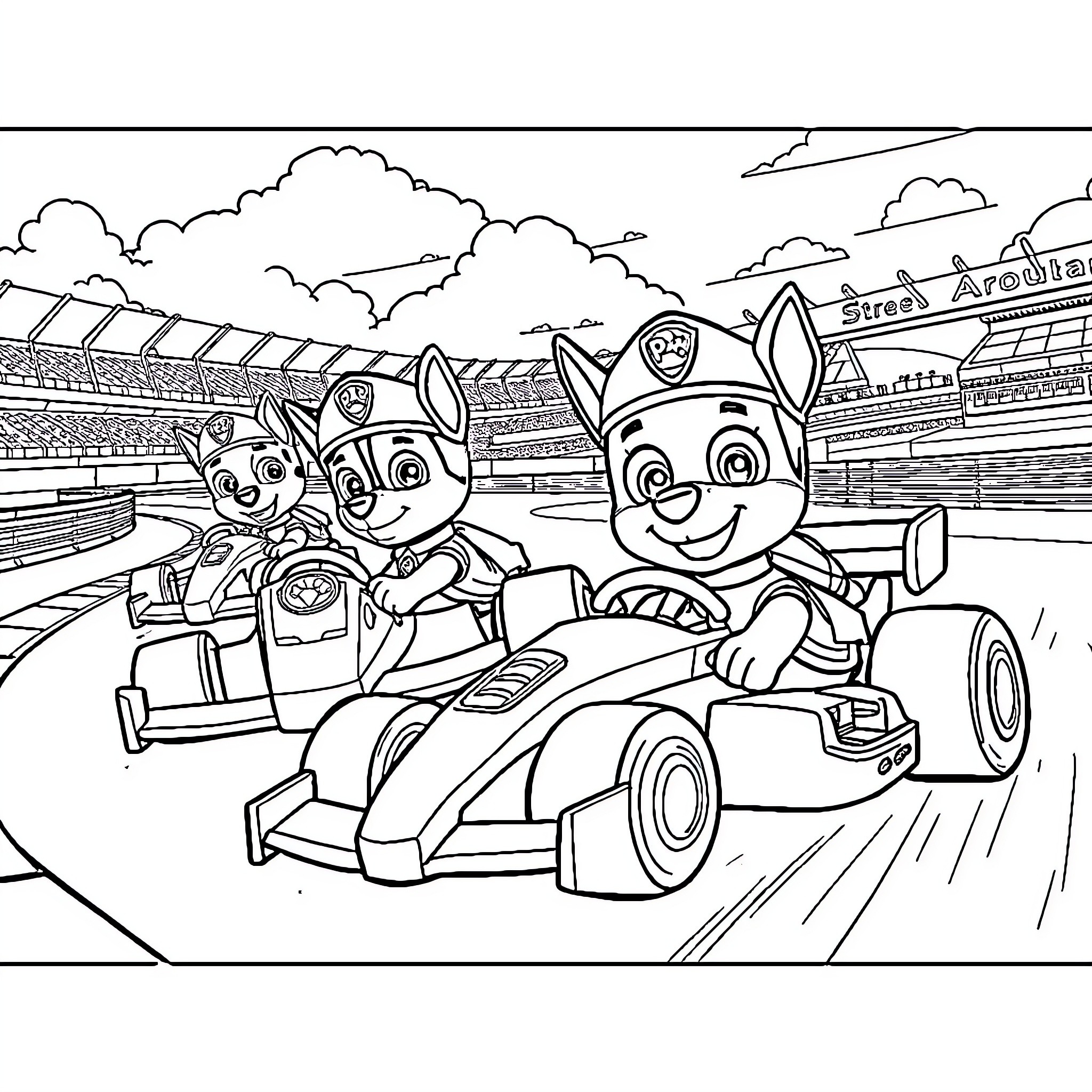 Paw Patrol characters racing in go-karts Coloring Page (free black-and-white line drawing printable PDF for all, from beginners to advanced learners, including children, teens, adults, and seniors)