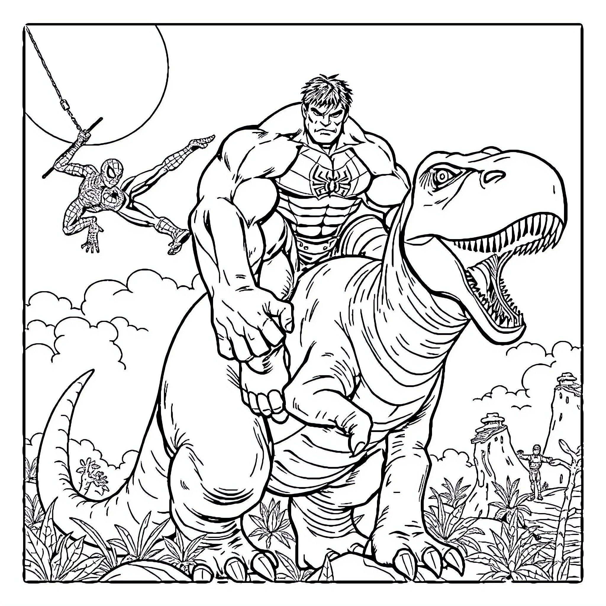 Hulk battles with dinosaur in the jungle Coloring Page (free black-and-white line drawing printable PDF for all, from beginners to advanced learners, including children, teens, adults, and seniors)
