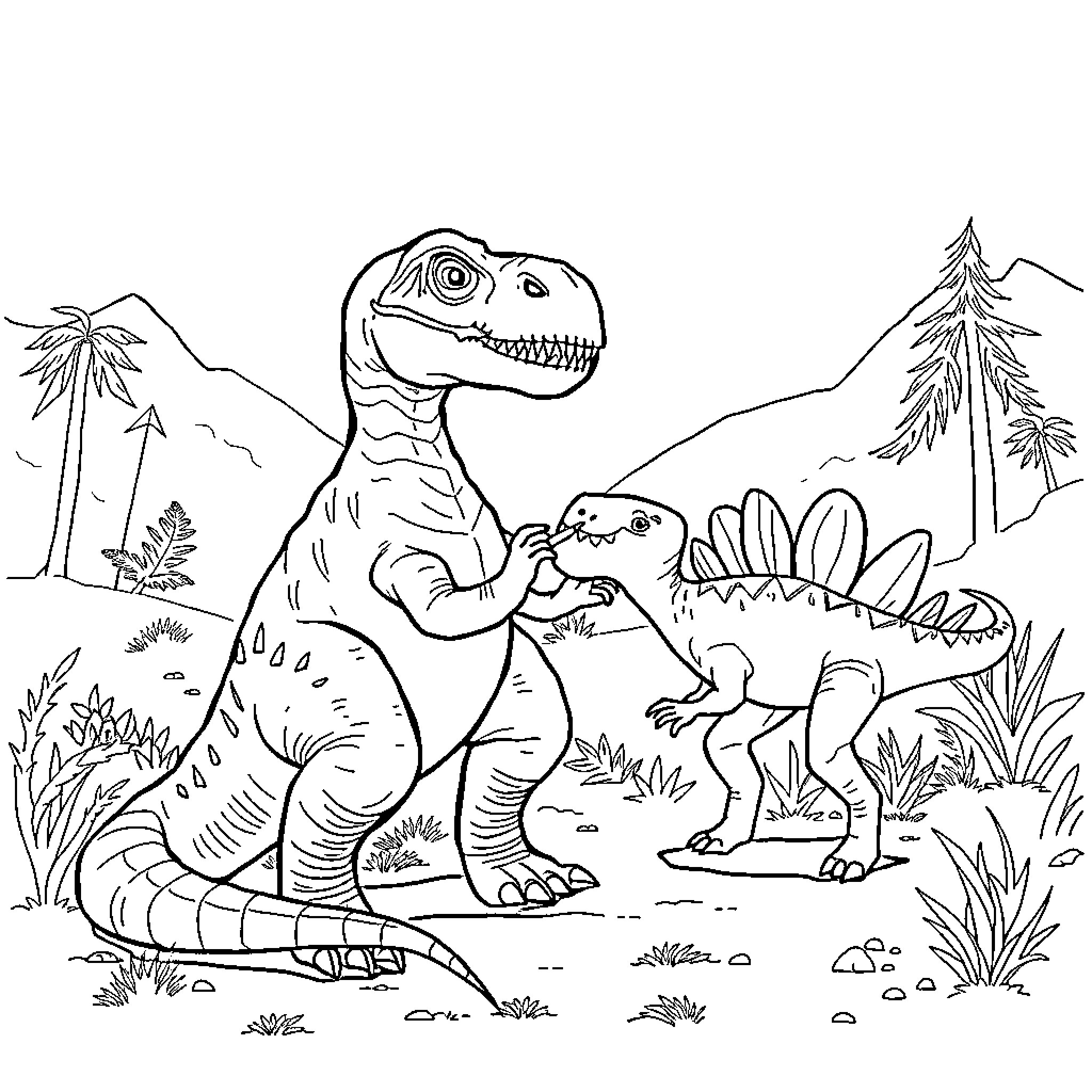 Dinosaurs roaming the prehistoric landscape Coloring Page (free black-and-white line drawing printable PDF for all, from beginners to advanced learners, including children, teens, adults, and seniors)