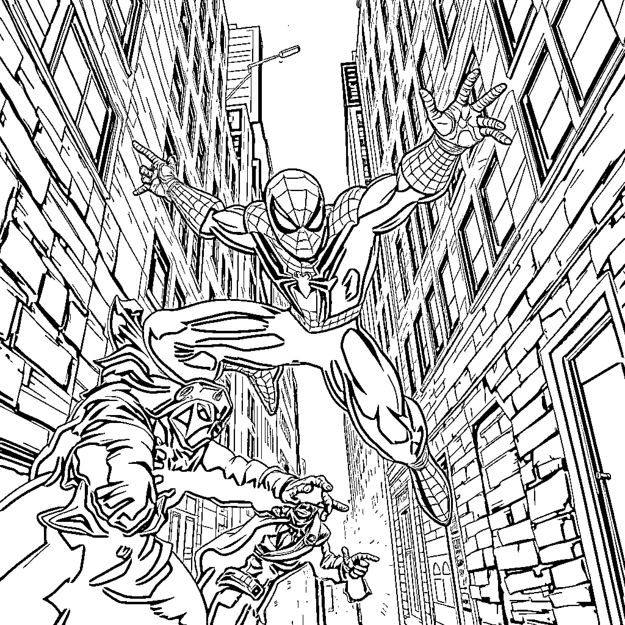 Spiderman swinging through the city on a dangerous mission Coloring Page (free black-and-white line drawing printable PDF for all, from beginners to advanced learners, including children, teens, adults, and seniors)