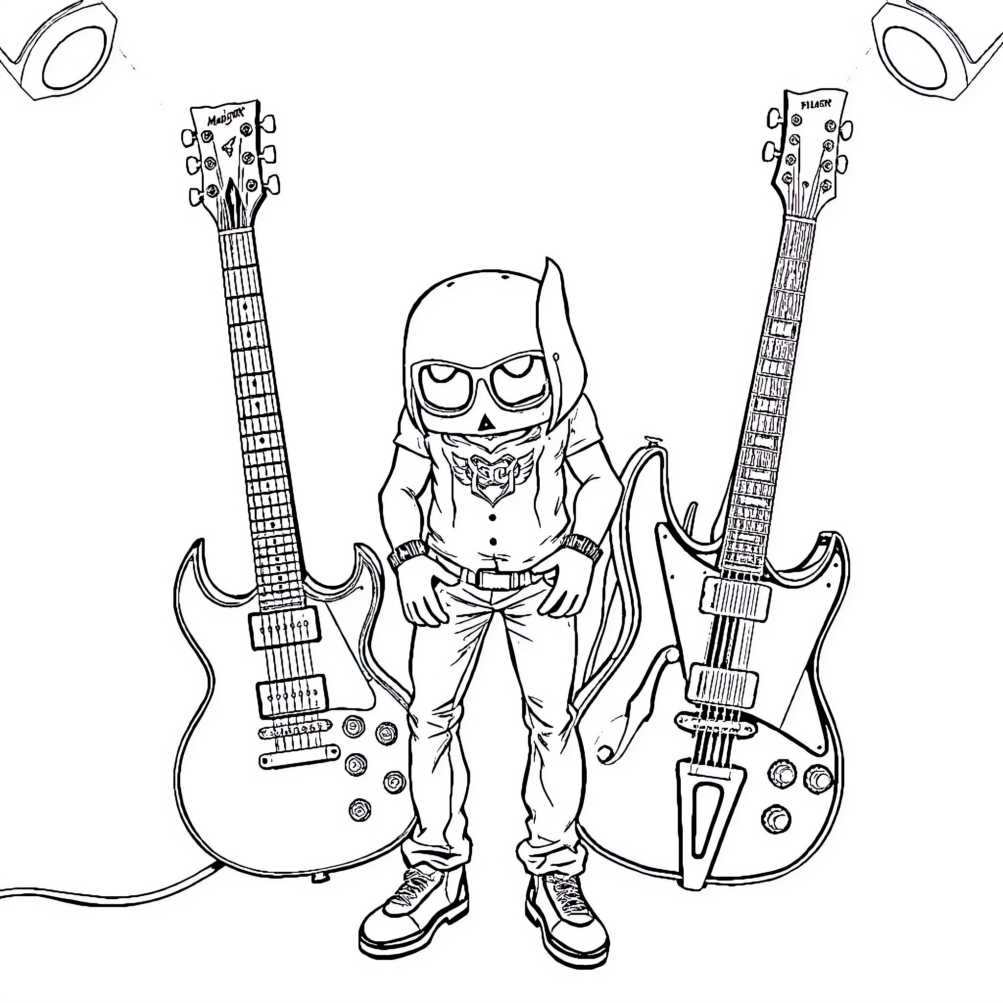 Eddy's Rocking Guitar Jam Session Coloring Page (free black-and-white line drawing printable PDF for all, from beginners to advanced learners, including children, teens, adults, and seniors)