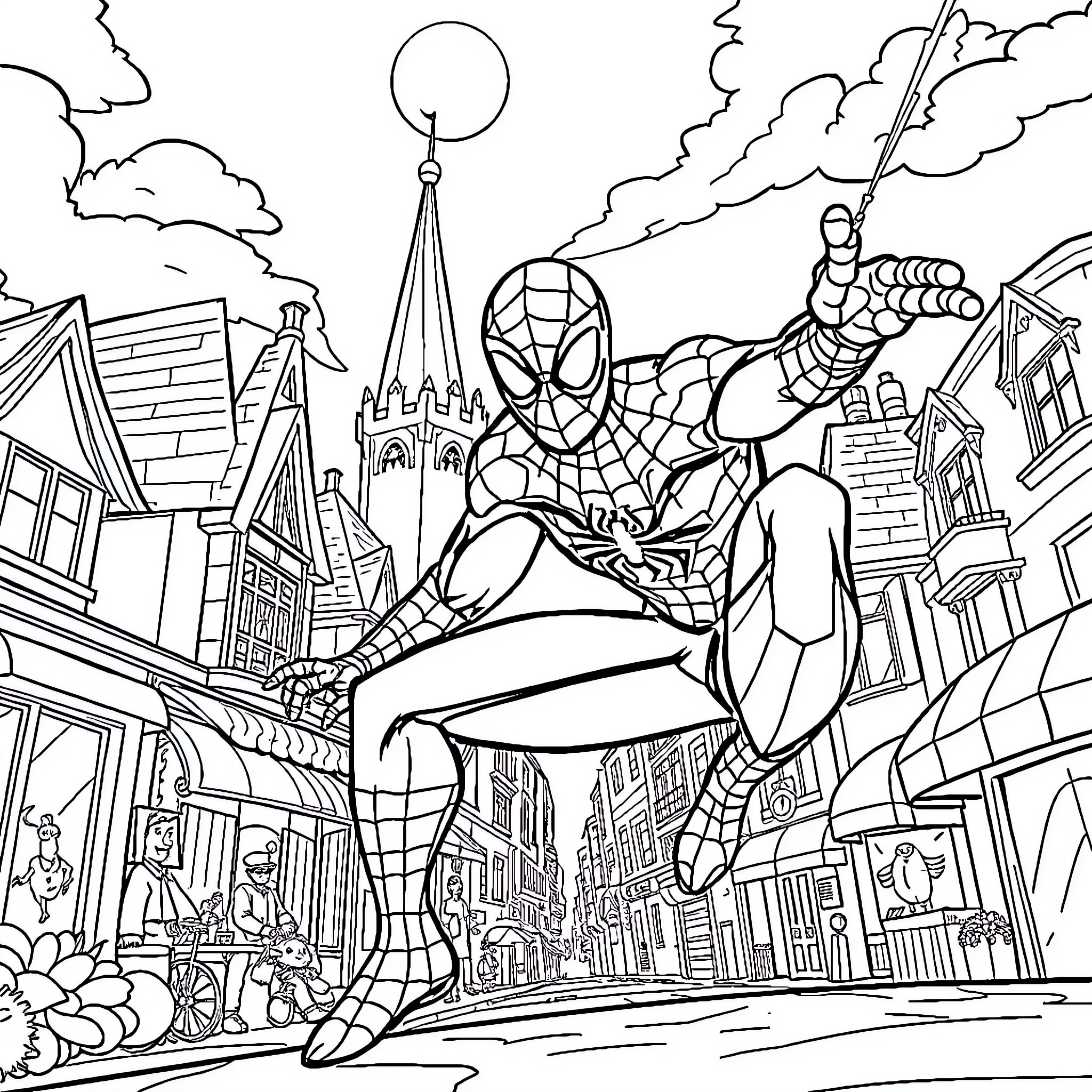 Spiderman swinging through the city in action Coloring Page (free black-and-white line drawing printable PDF for all, from beginners to advanced learners, including children, teens, adults, and seniors)