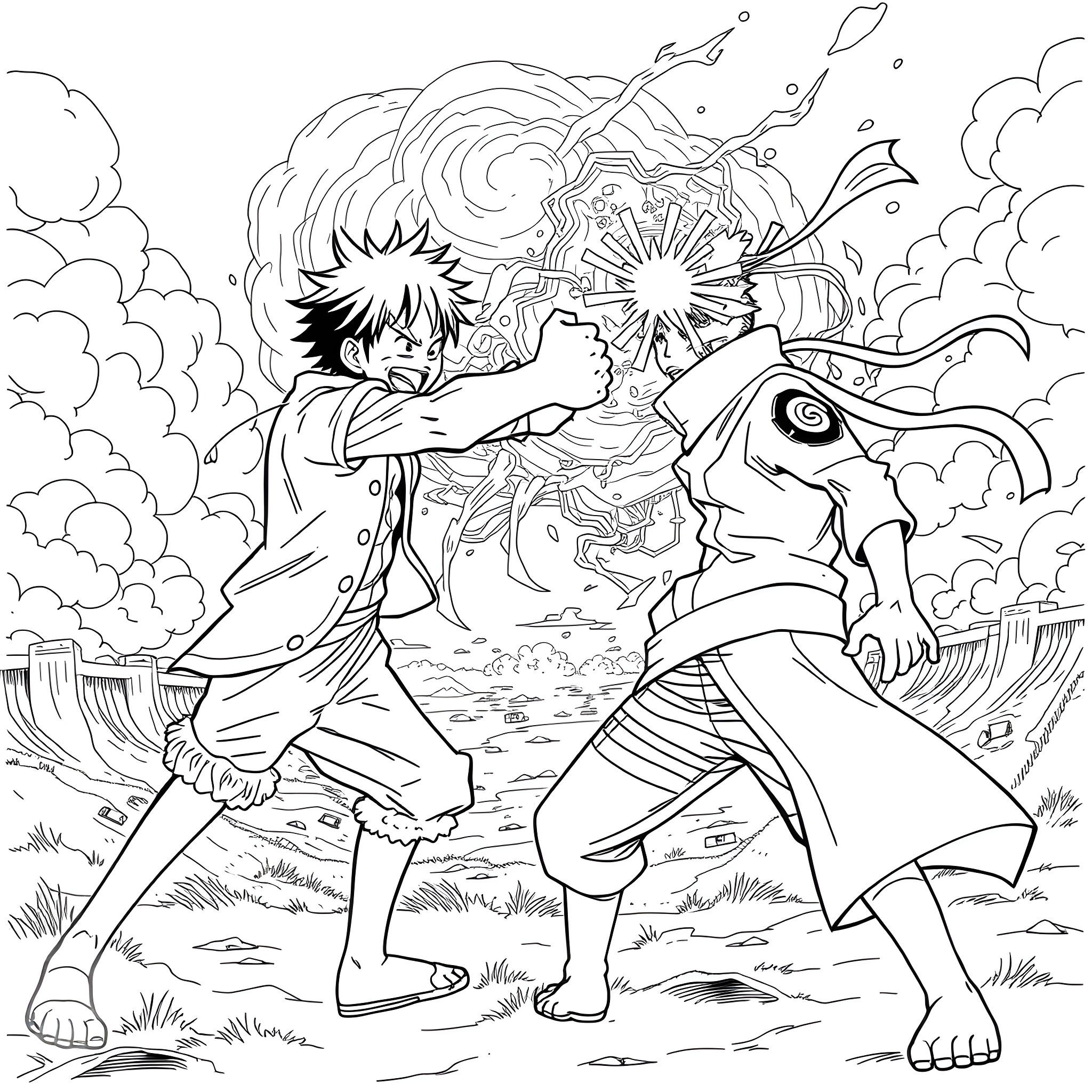 Luffy's Adventurous Encounter in the Surreal Landscape Coloring Page (free black-and-white line drawing printable PDF for all, from beginners to advanced learners, including children, teens, adults, and seniors)