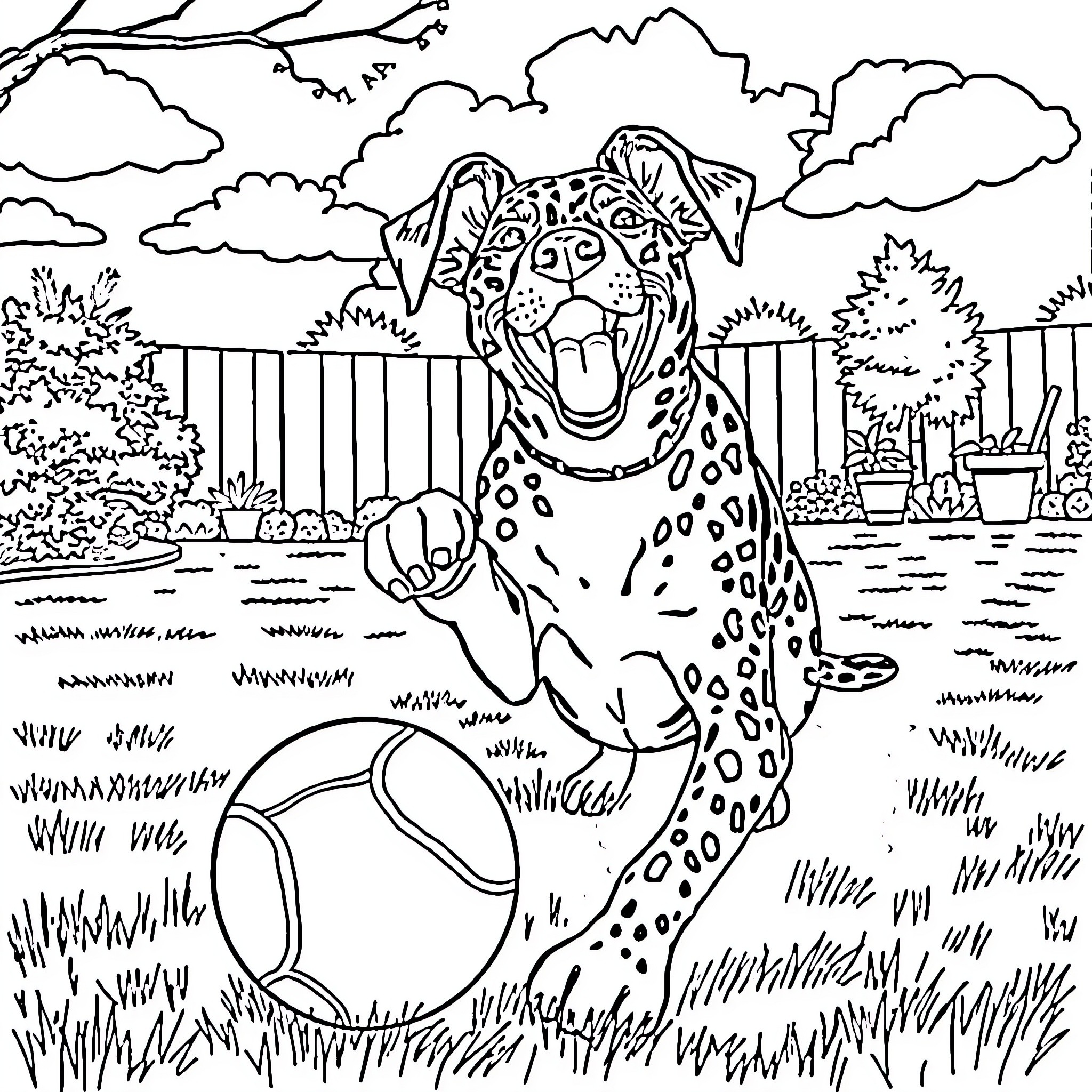 Catahoula Leopard Dog playing with a ball in the yard Coloring Page (free black-and-white line drawing printable PDF for all, from beginners to advanced learners, including children, teens, adults, and seniors)