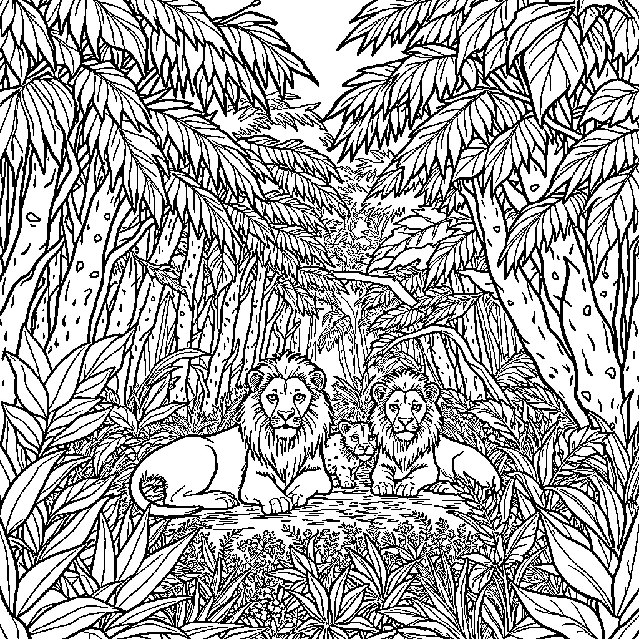 Lion Pride Resting in Lush Jungle Landscape Coloring Page (free black-and-white line drawing printable PDF for all, from beginners to advanced learners, including children, teens, adults, and seniors)