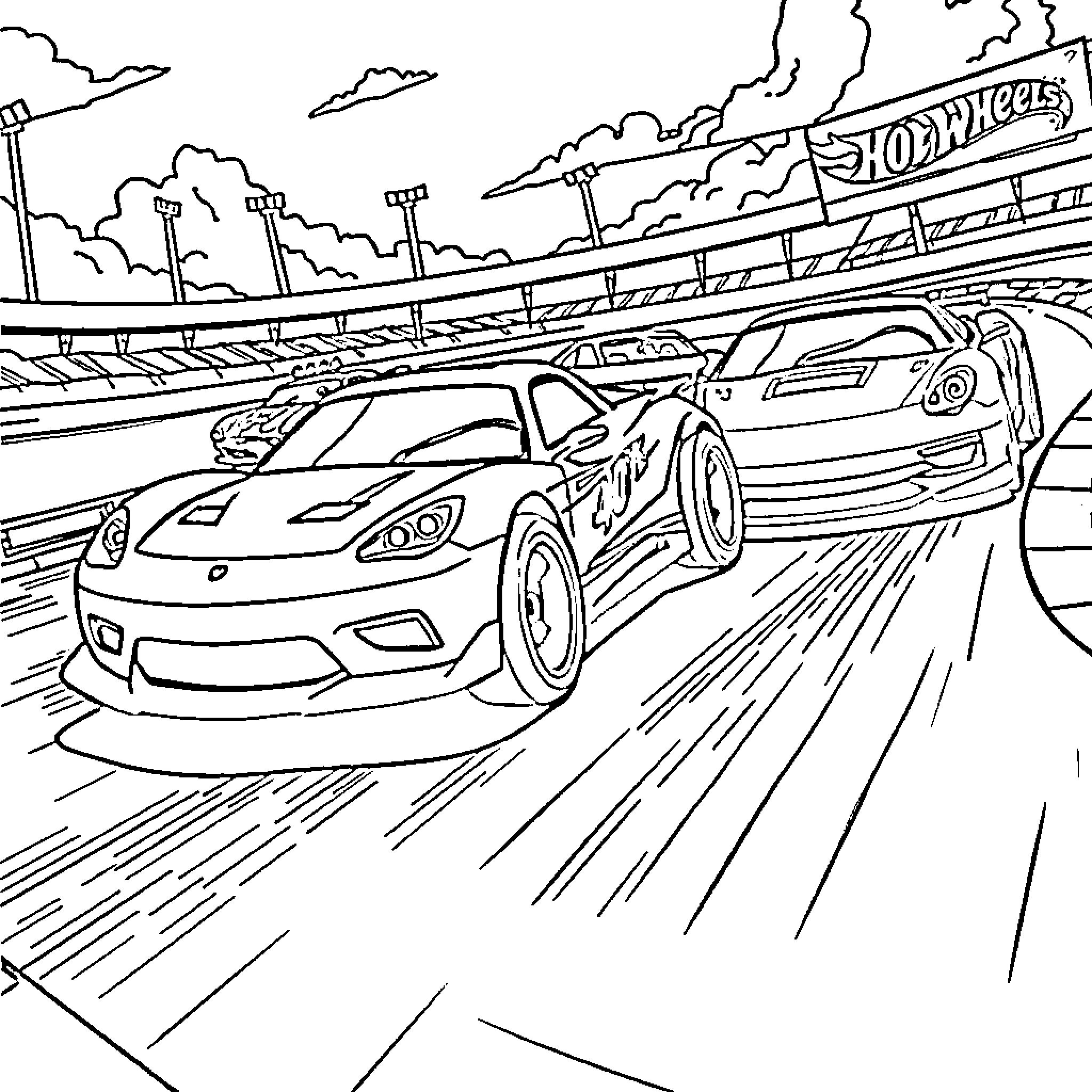 Hotwheels racing on winding track at high speed Coloring Page (free black-and-white line drawing printable PDF for all, from beginners to advanced learners, including children, teens, adults, and seniors)