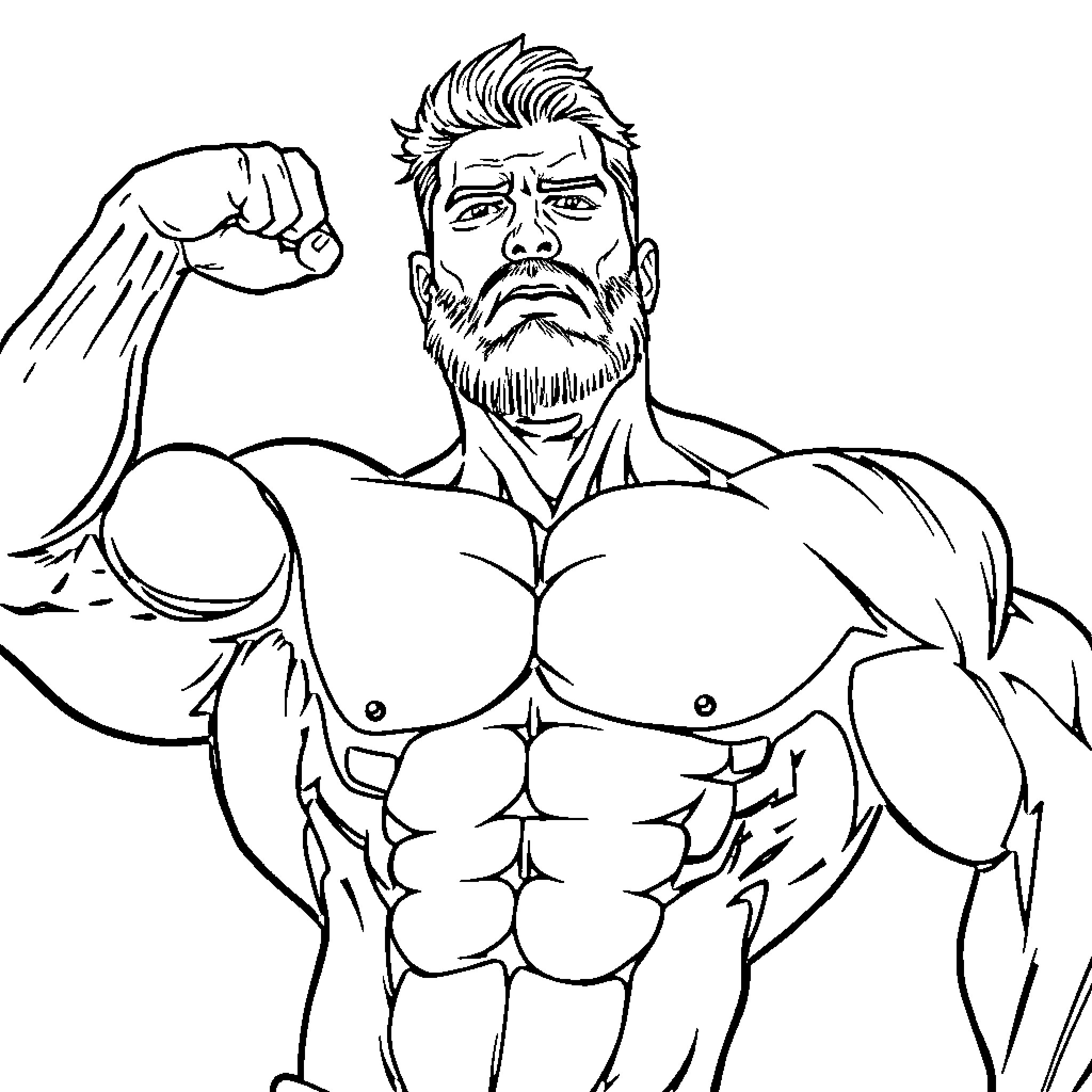 Man displaying muscular physique and determined expression Coloring Page (free black-and-white line drawing printable PDF for all, from beginners to advanced learners, including children, teens, adults, and seniors)