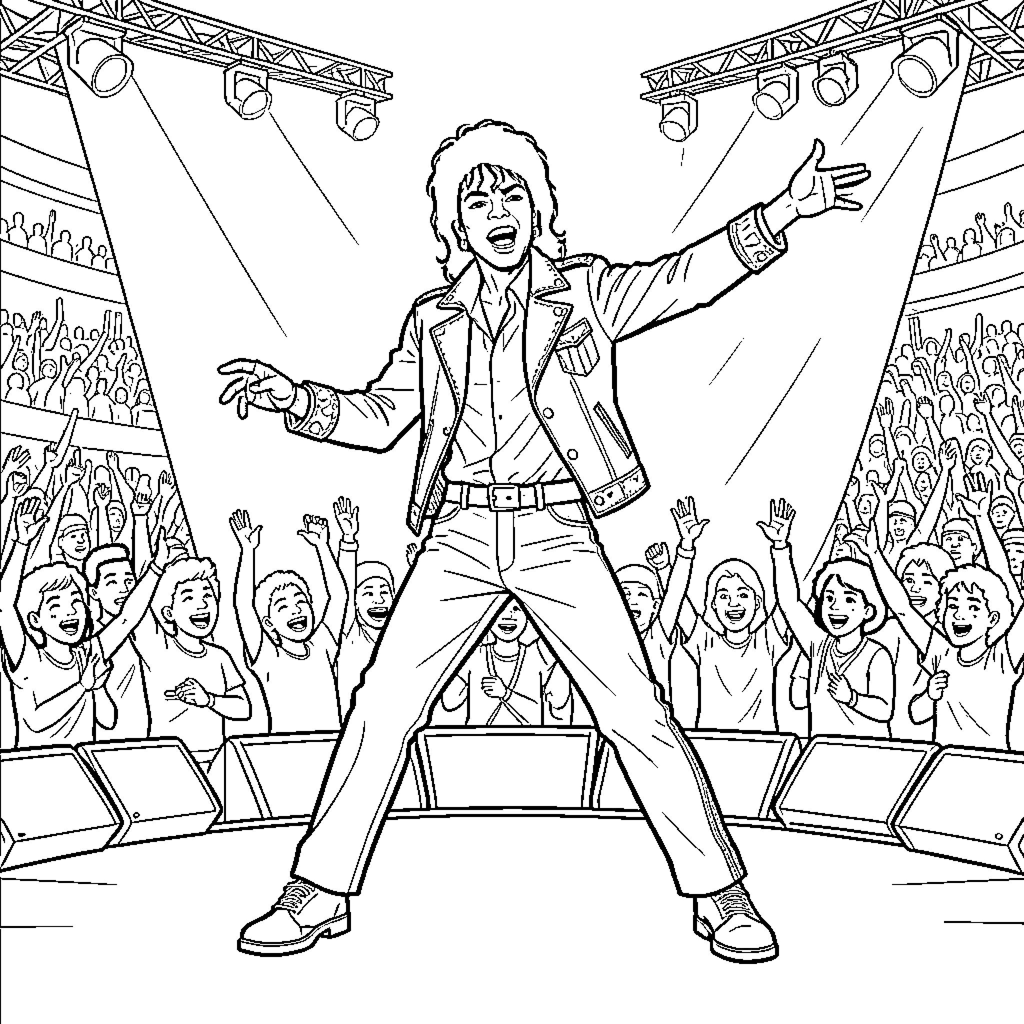 Michael Jackson performing energetically on stage for a crowd Coloring Page (free black-and-white line drawing printable PDF for all, from beginners to advanced learners, including children, teens, adults, and seniors)