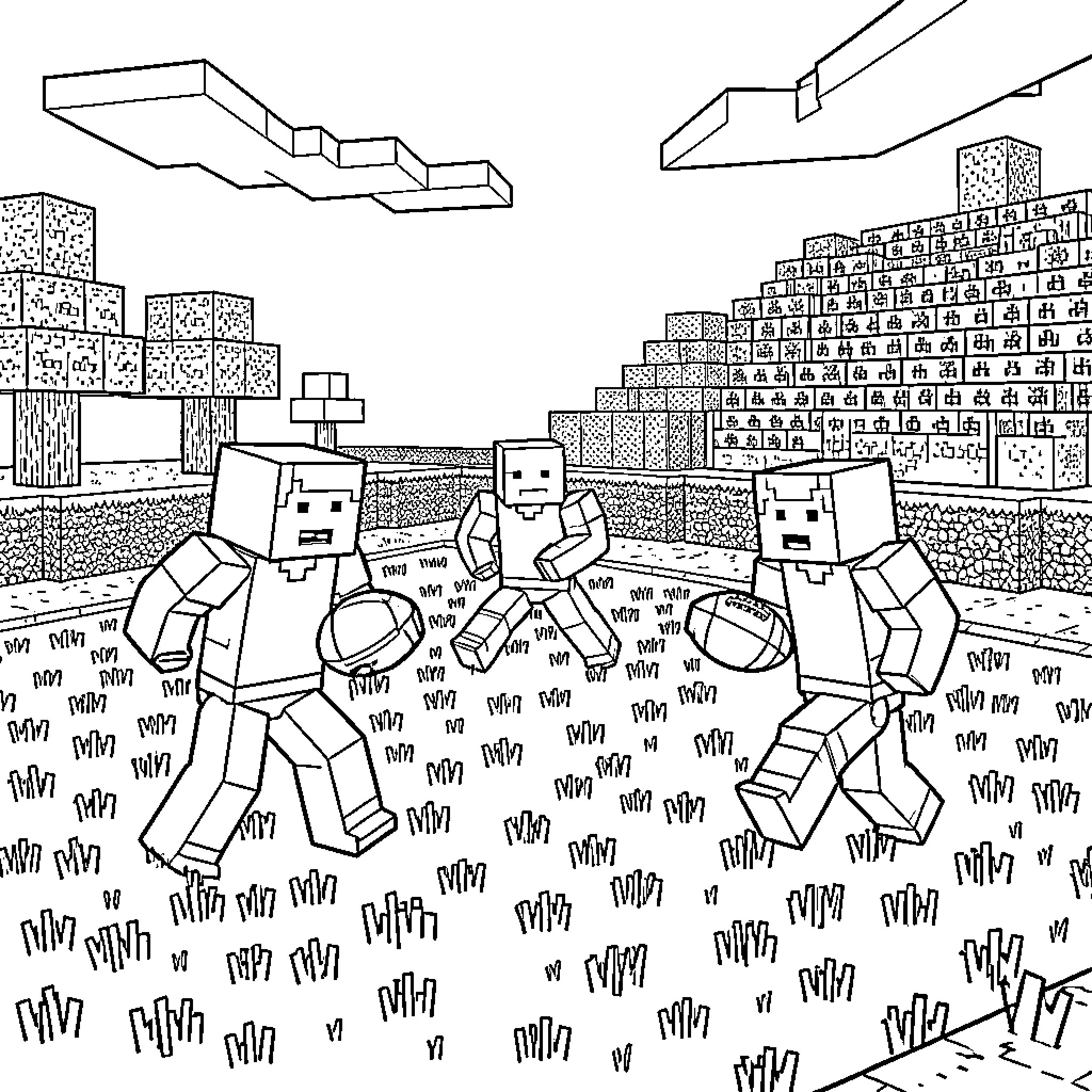 Minecraft characters playing a game of football together Coloring Page (free black-and-white line drawing printable PDF for all, from beginners to advanced learners, including children, teens, adults, and seniors)