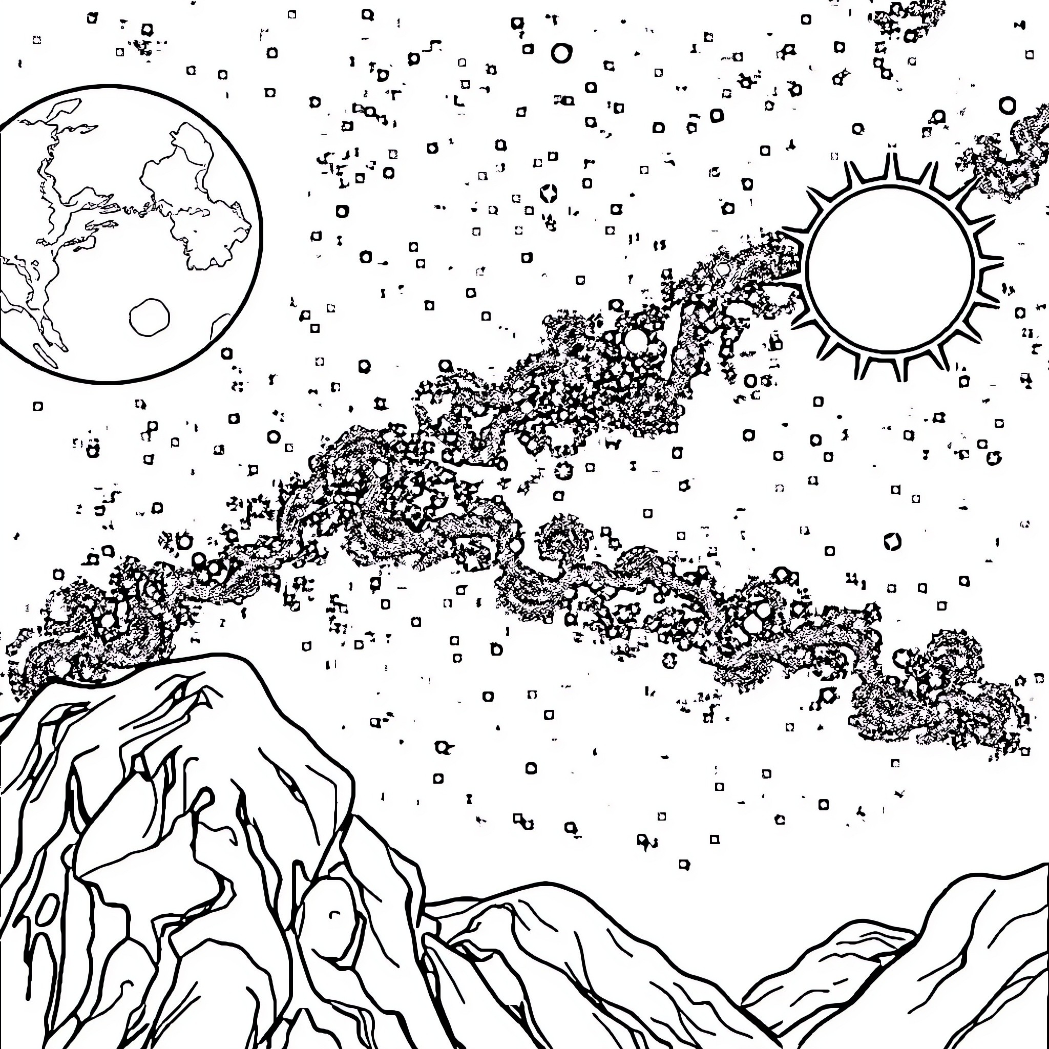 Moon and Sun over Mountainous Landscape Coloring Page (free black-and-white line drawing printable PDF for all, from beginners to advanced learners, including children, teens, adults, and seniors)