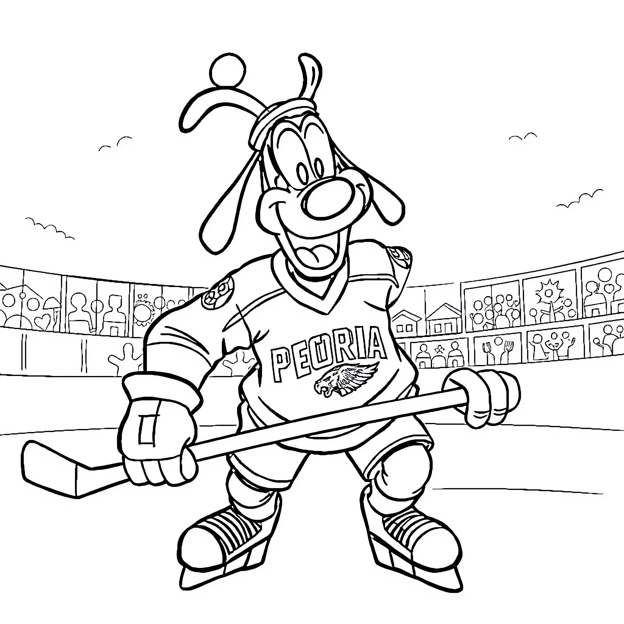 Goofy hockey player in a silly pose Coloring Page (free black-and-white line drawing printable PDF for all, from beginners to advanced learners, including children, teens, adults, and seniors)