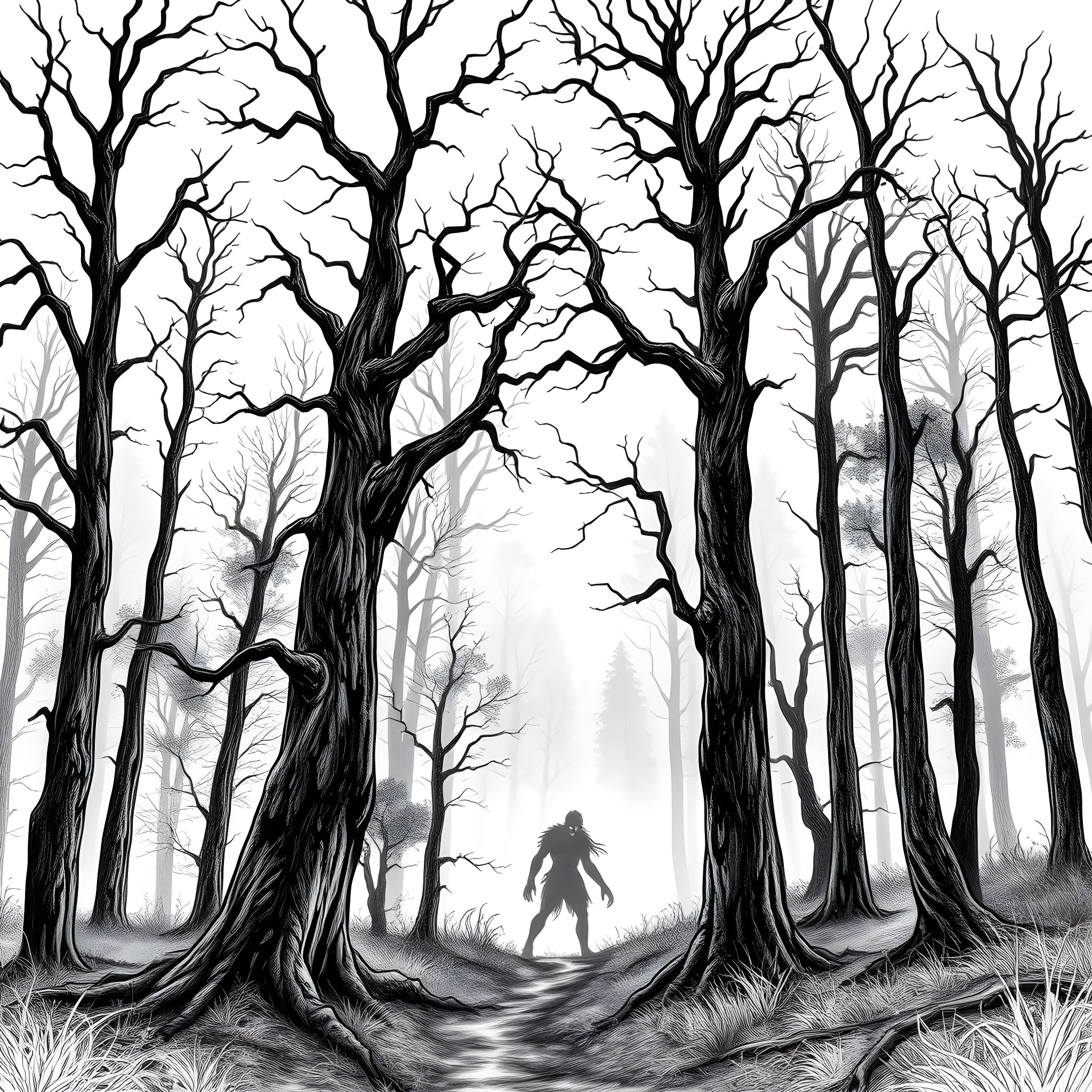 Wendigo stalking through the twisted, dark forest Coloring Page (free black-and-white line drawing printable PDF for all, from beginners to advanced learners, including children, teens, adults, and seniors)