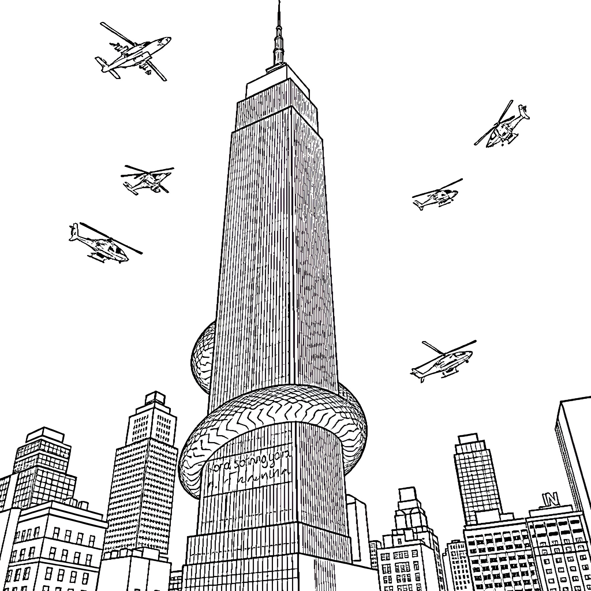 Cobra fighter jets soar above the towering city skyline Coloring Page (free black-and-white line drawing printable PDF for all, from beginners to advanced learners, including children, teens, adults, and seniors)