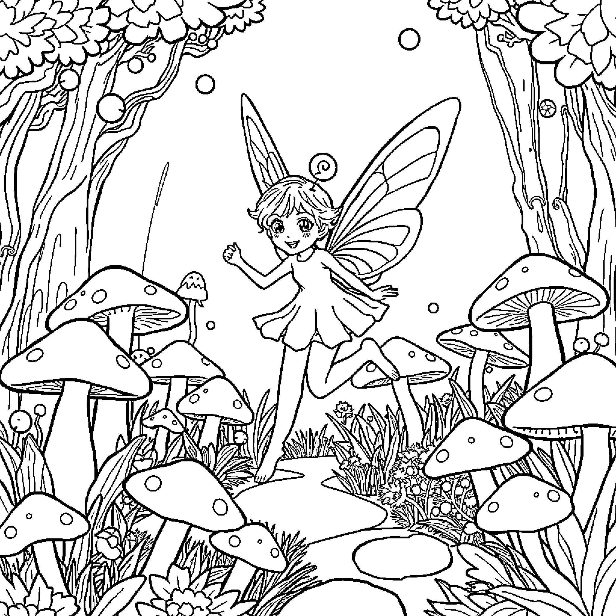 Fairy Frolicking in Enchanted Mushroom Forest Coloring Page (free black-and-white line drawing printable PDF for all, from beginners to advanced learners, including children, teens, adults, and seniors)