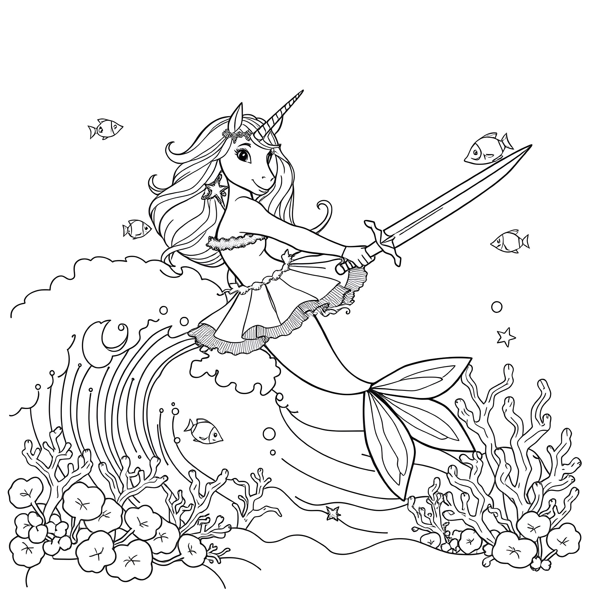 Unicorn Mermaid battling sea creatures with sword Coloring Page (free black-and-white line drawing printable PDF for all, from beginners to advanced learners, including children, teens, adults, and seniors)