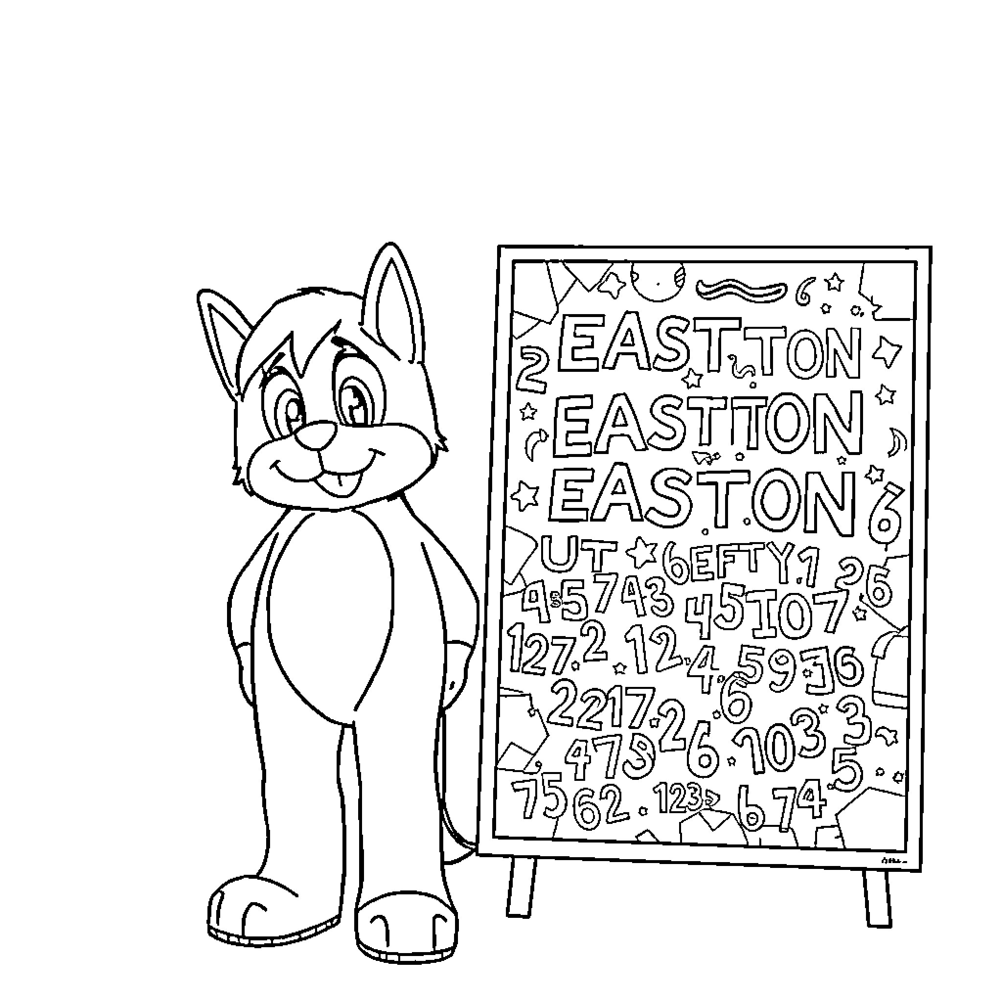 Easton the Cartoon Cat Counting Numbers on Chalkboard Coloring Page (free black-and-white line drawing printable PDF for all, from beginners to advanced learners, including children, teens, adults, and seniors)