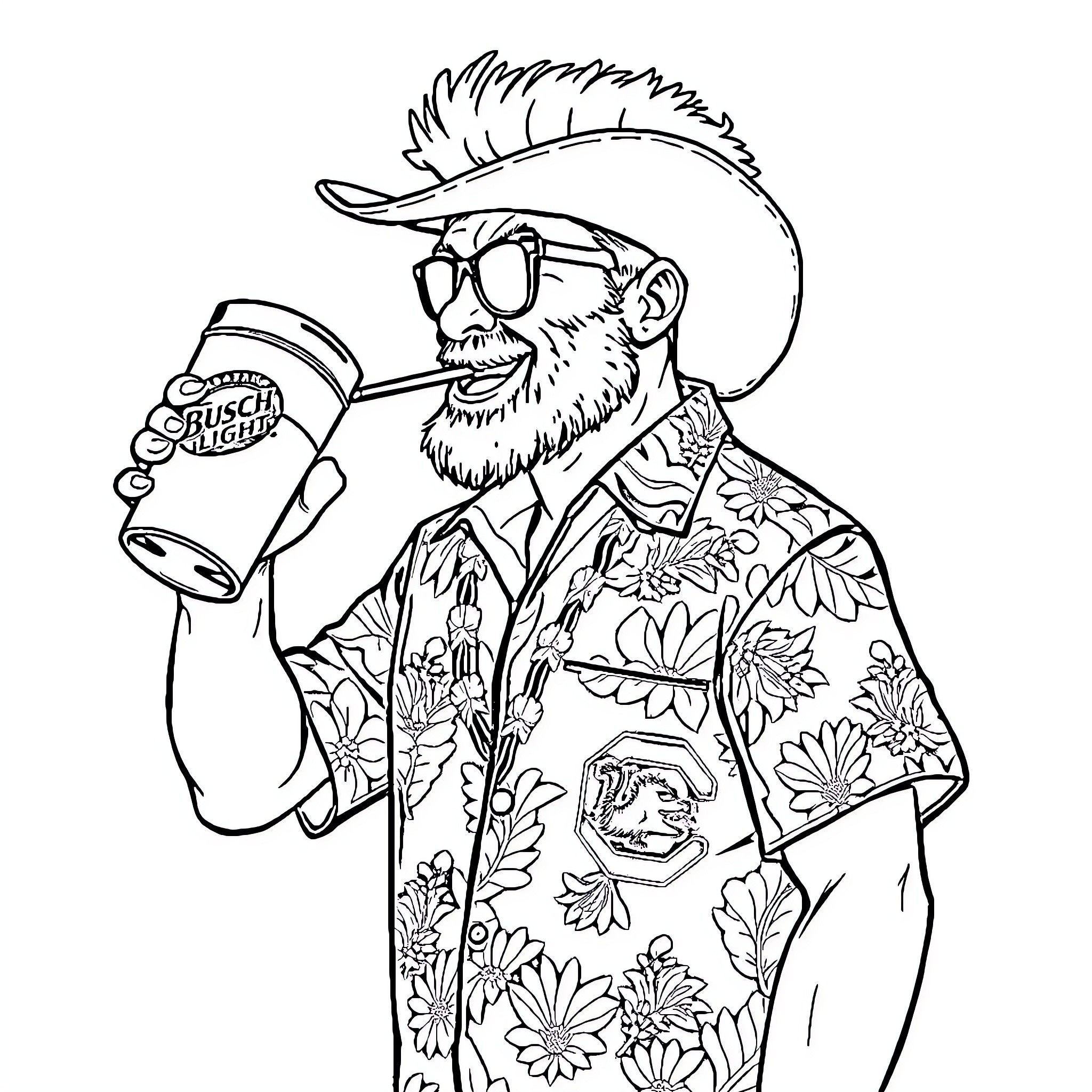 Gamecock enjoying a refreshing drink in a floral outfit Coloring Page (free black-and-white line drawing printable PDF for all, from beginners to advanced learners, including children, teens, adults, and seniors)