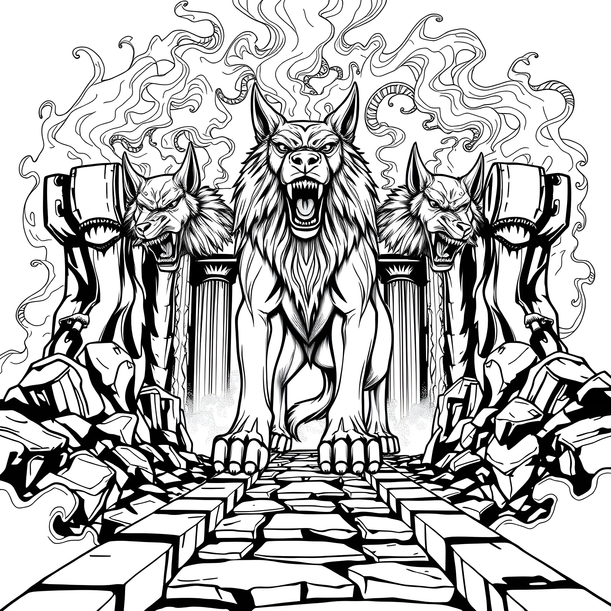 Cerberus, the Fearsome Guardian of the Underworld Coloring Page (free black-and-white line drawing printable PDF for all, from beginners to advanced learners, including children, teens, adults, and seniors)
