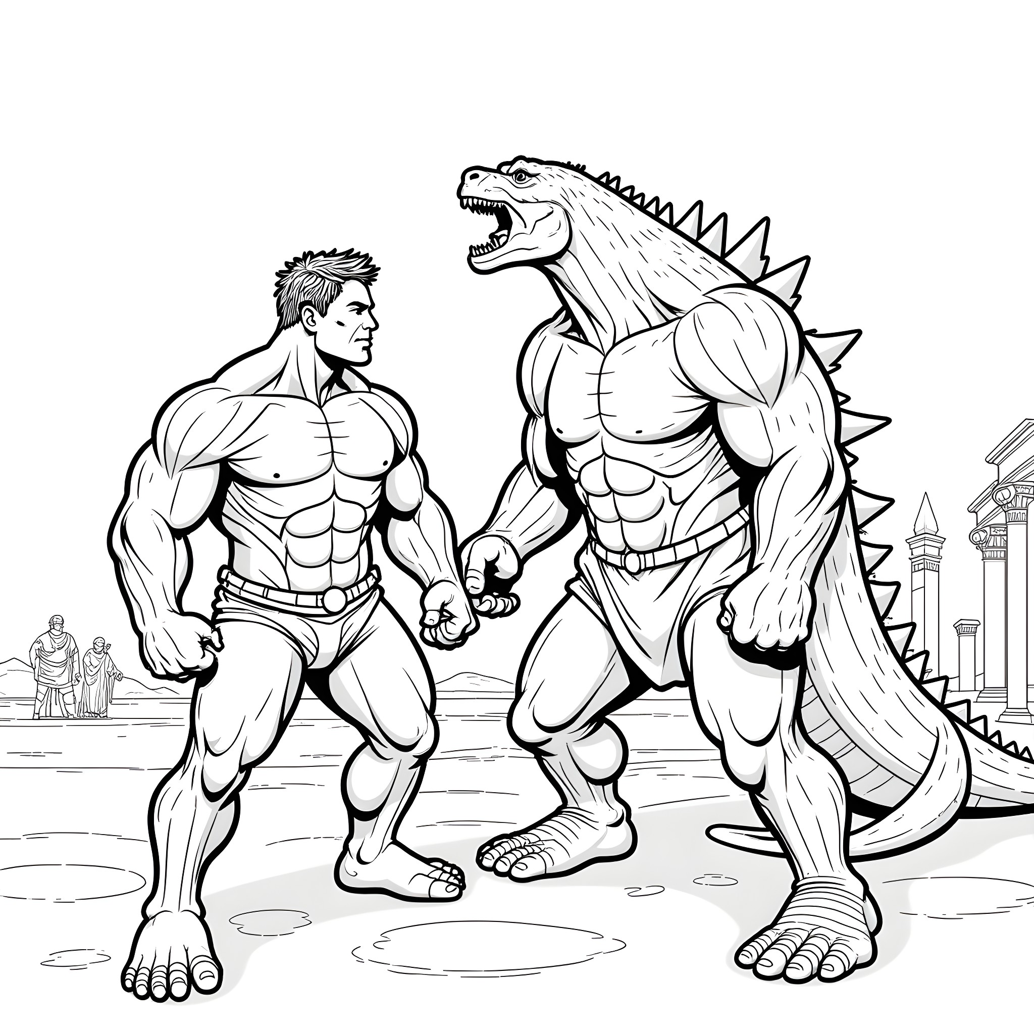 Hulk confronts ferocious monster in battle Coloring Page (free black-and-white line drawing printable PDF for all, from beginners to advanced learners, including children, teens, adults, and seniors)