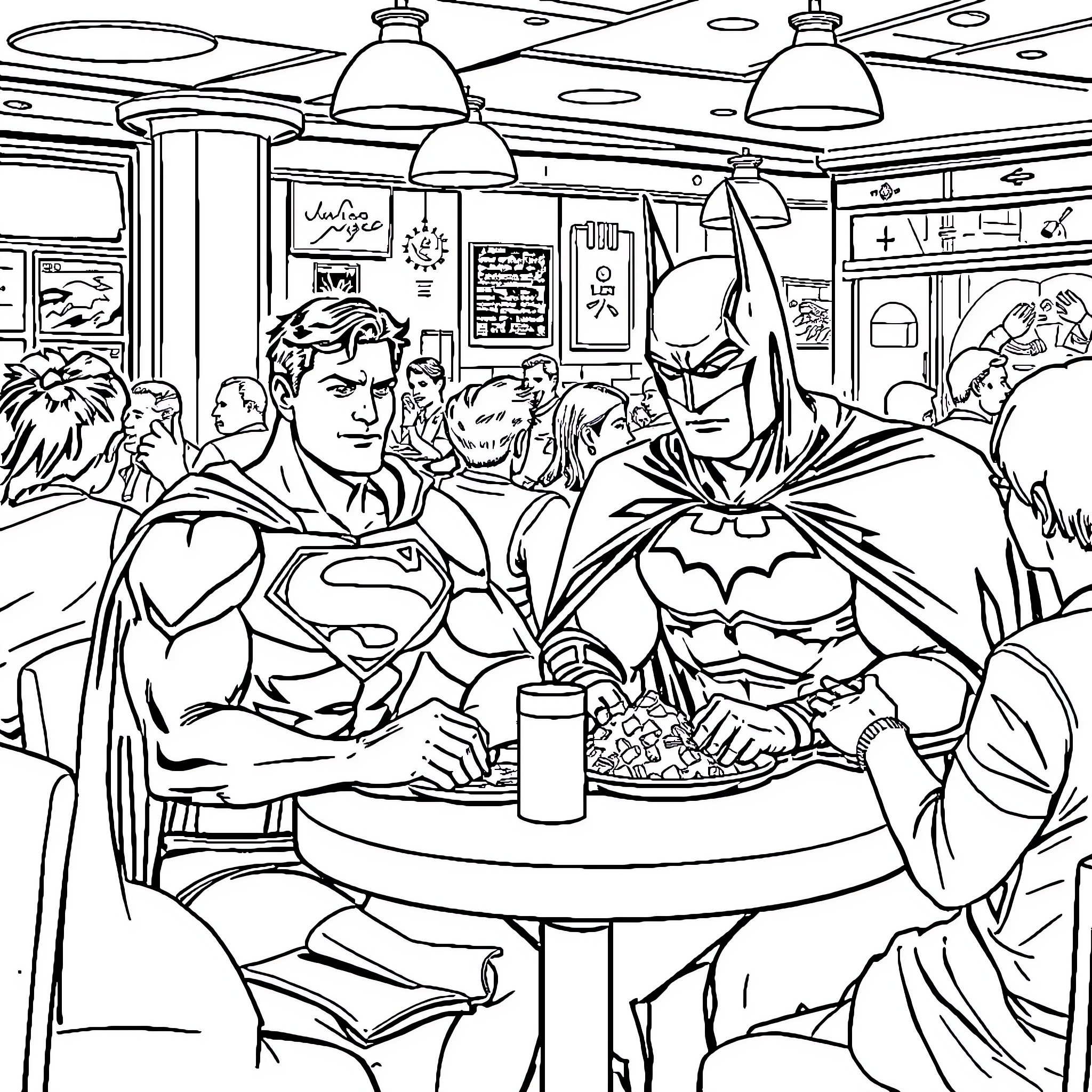 Superman and Batman enjoying a meal in a diner Coloring Page (free black-and-white line drawing printable PDF for all, from beginners to advanced learners, including children, teens, adults, and seniors)