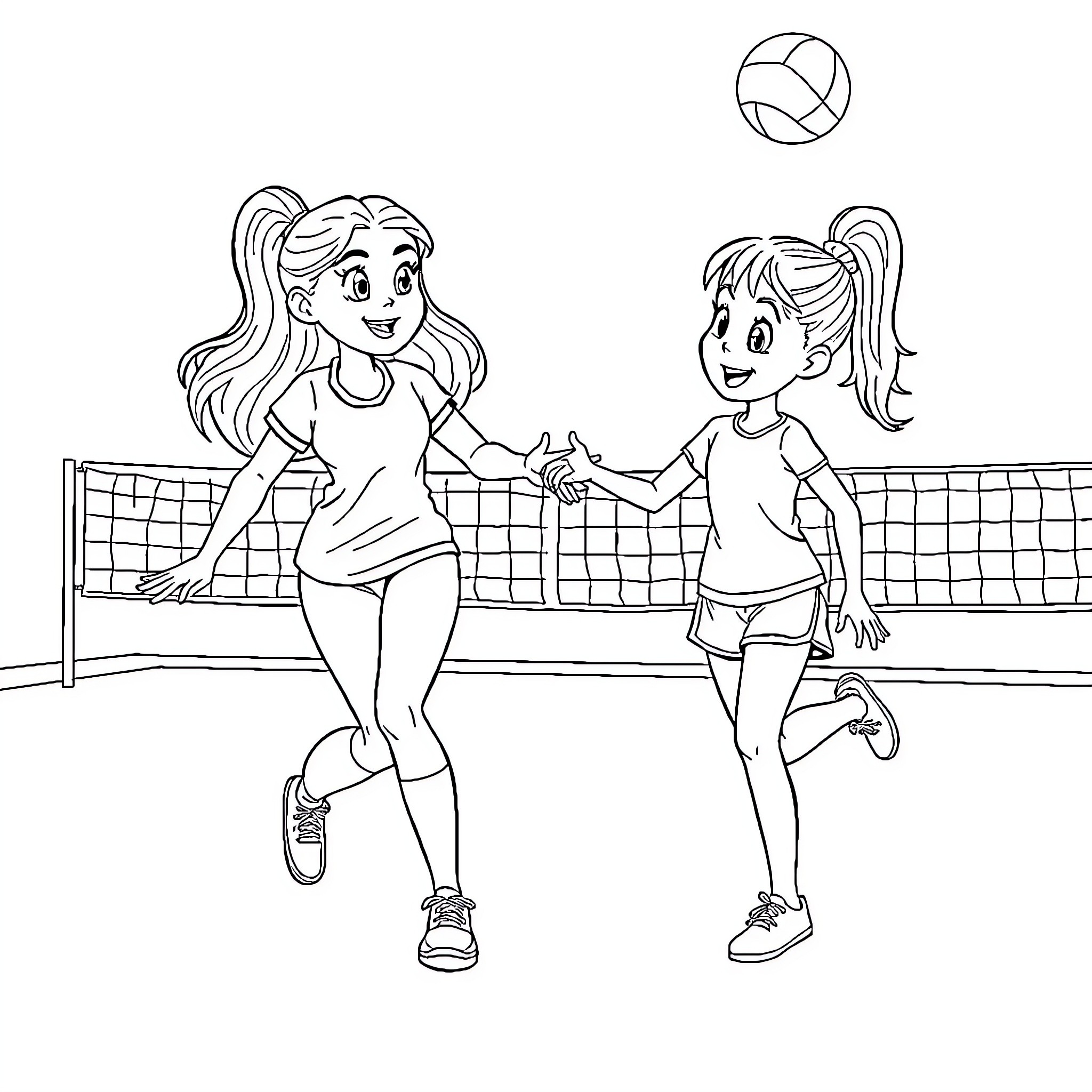 Abby Saja Playing Volleyball with Friend Coloring Page (free black-and-white line drawing printable PDF for all, from beginners to advanced learners, including children, teens, adults, and seniors)
