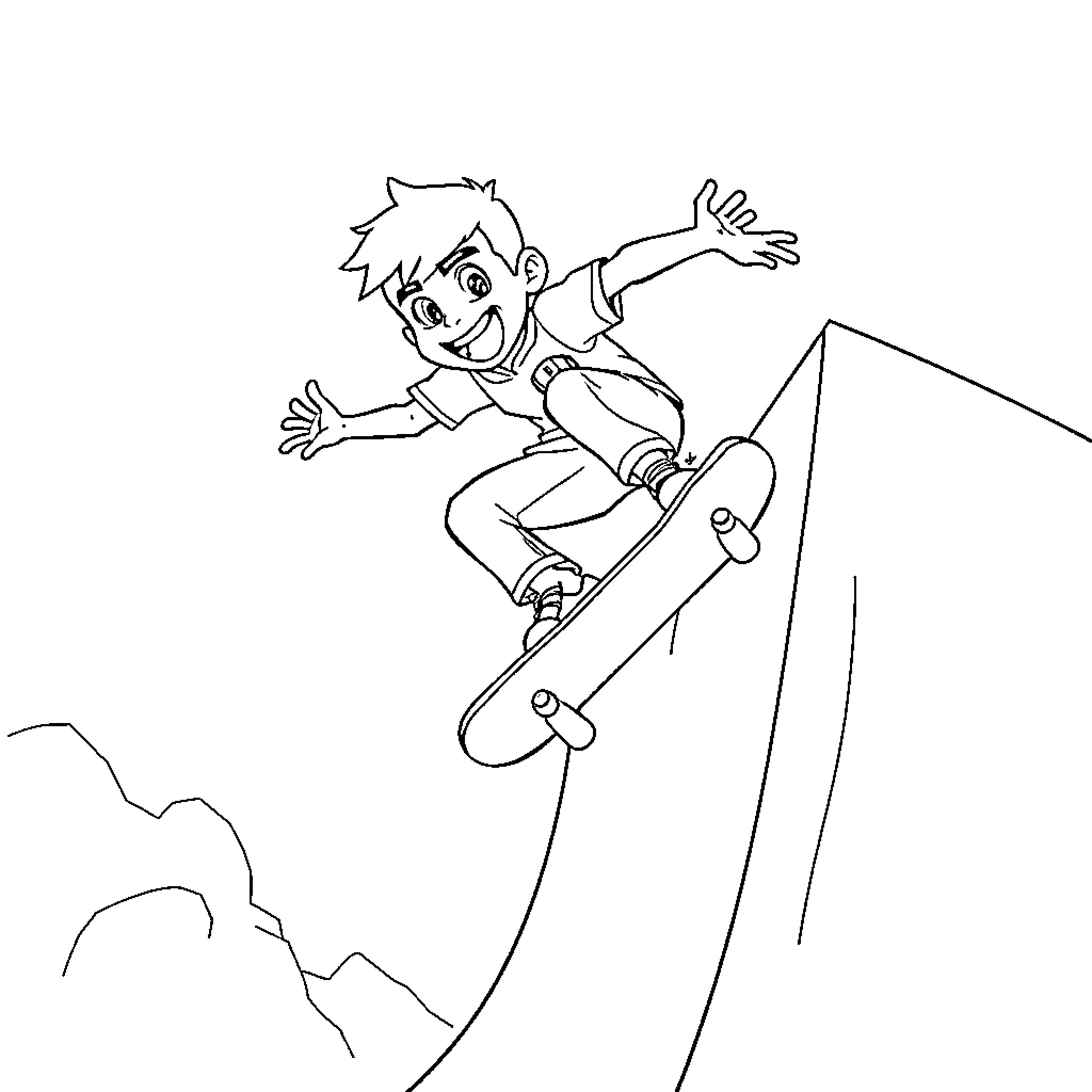 Ben 10 Skateboarding Down Mountainous Terrain Coloring Page (free black-and-white line drawing printable PDF for all, from beginners to advanced learners, including children, teens, adults, and seniors)