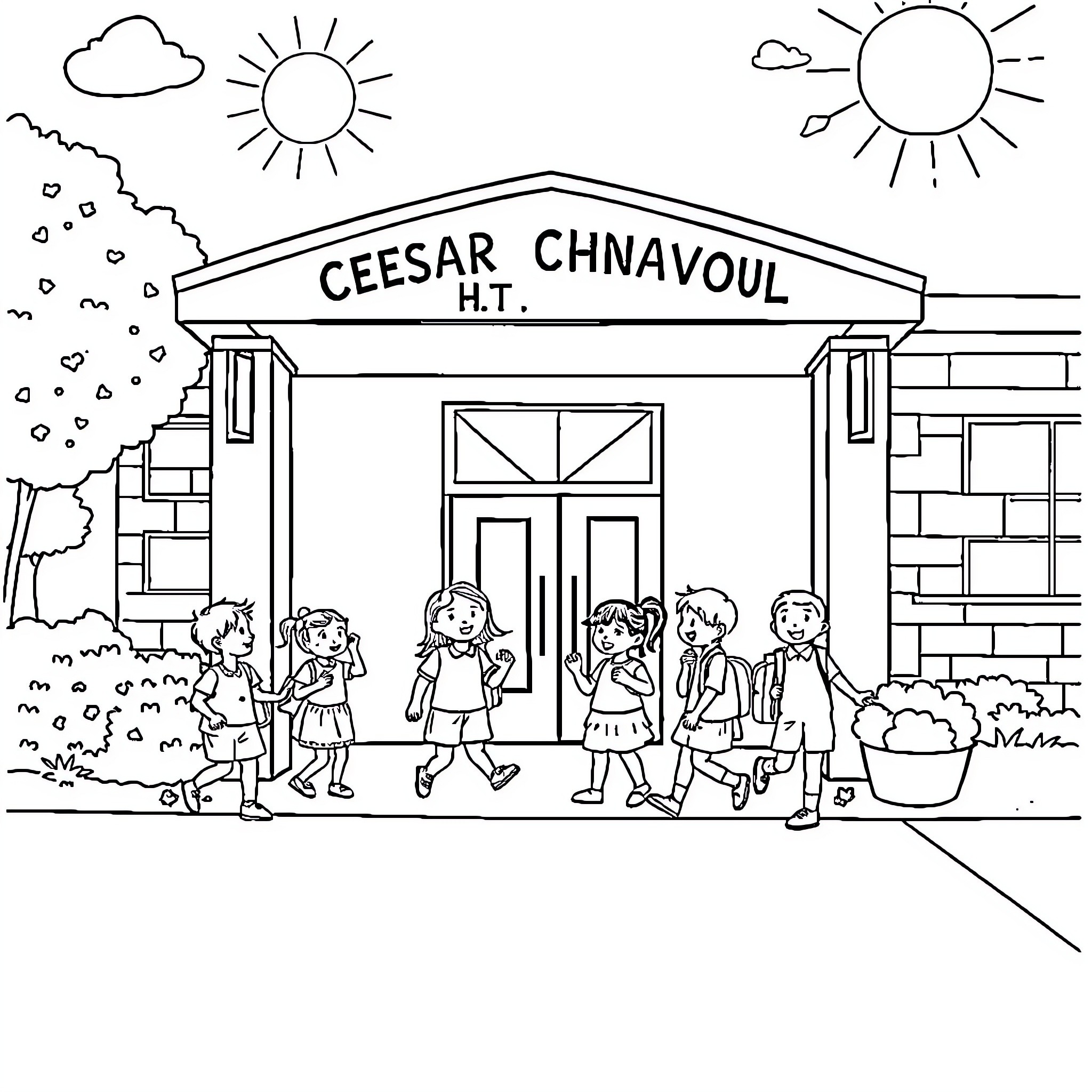 School students outside the Ceesar Chnavoul school Coloring Page (free black-and-white line drawing printable PDF for all, from beginners to advanced learners, including children, teens, adults, and seniors)