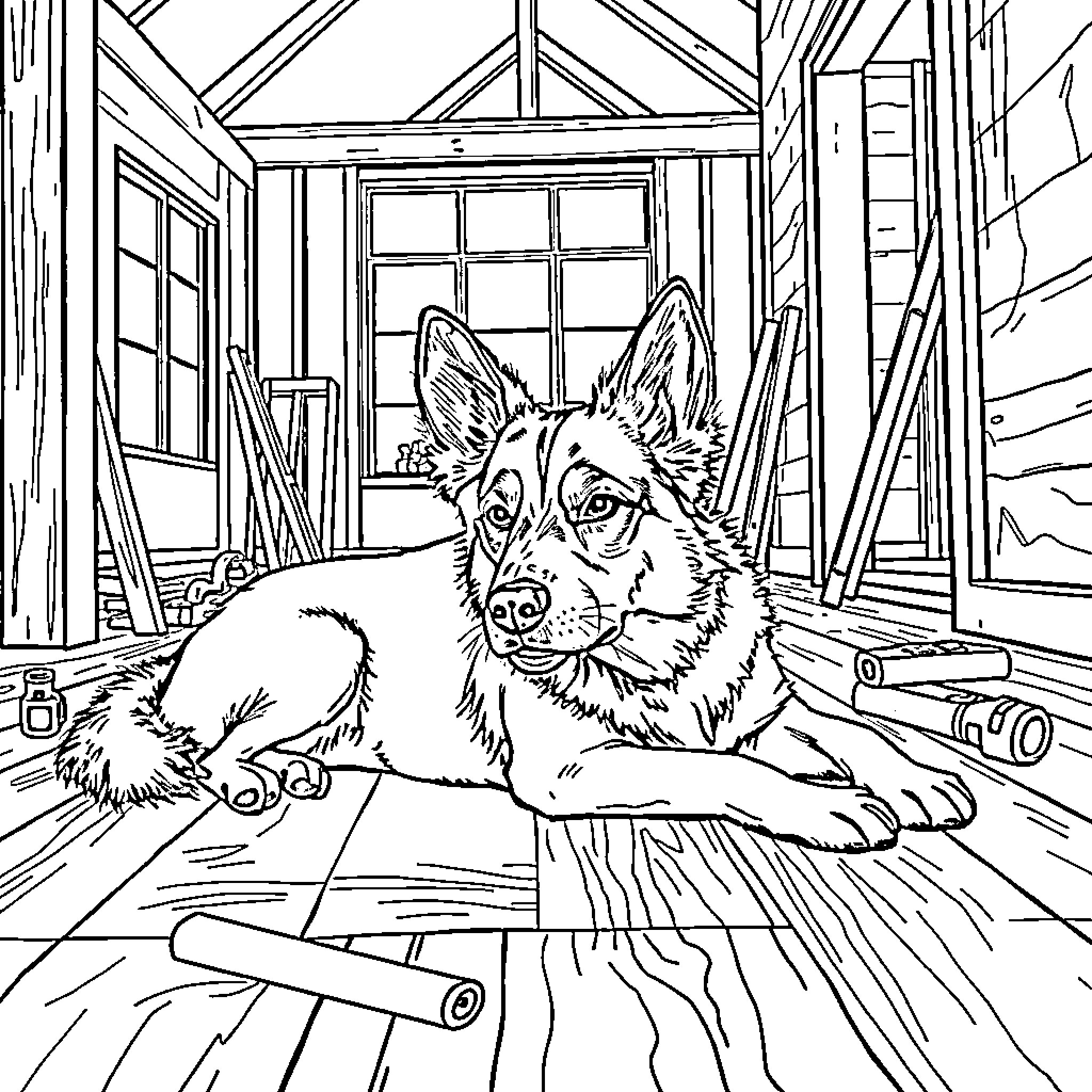 Australian Cattle Dog relaxing in rustic barn interior Coloring Page (free black-and-white line drawing printable PDF for all, from beginners to advanced learners, including children, teens, adults, and seniors)