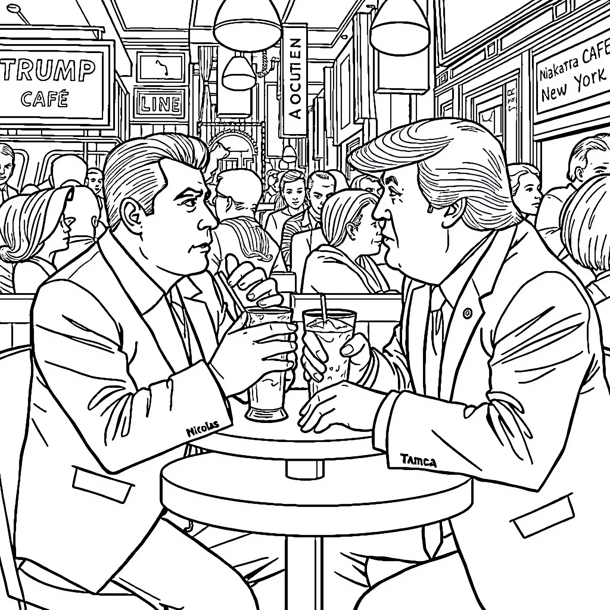 Nicolás Maduro meeting with associates in a crowded cafe Coloring Page (free black-and-white line drawing printable PDF for all, from beginners to advanced learners, including children, teens, adults, and seniors)