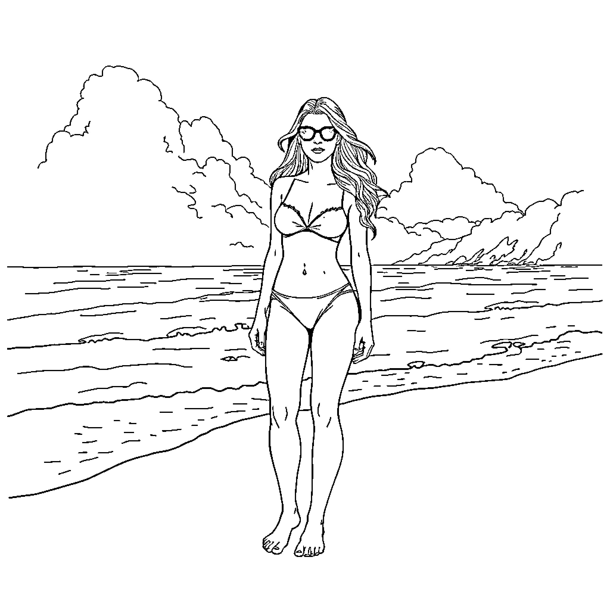Amanda Cerny enjoying the beach scenery Coloring Page (free black-and-white line drawing printable PDF for all, from beginners to advanced learners, including children, teens, adults, and seniors)