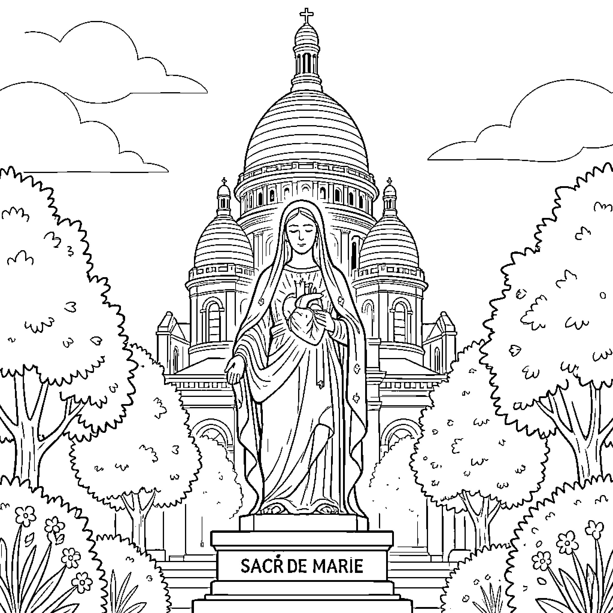 Sacre Coeur statue standing peacefully before the basilica Coloring Page (free black-and-white line drawing printable PDF for all, from beginners to advanced learners, including children, teens, adults, and seniors)