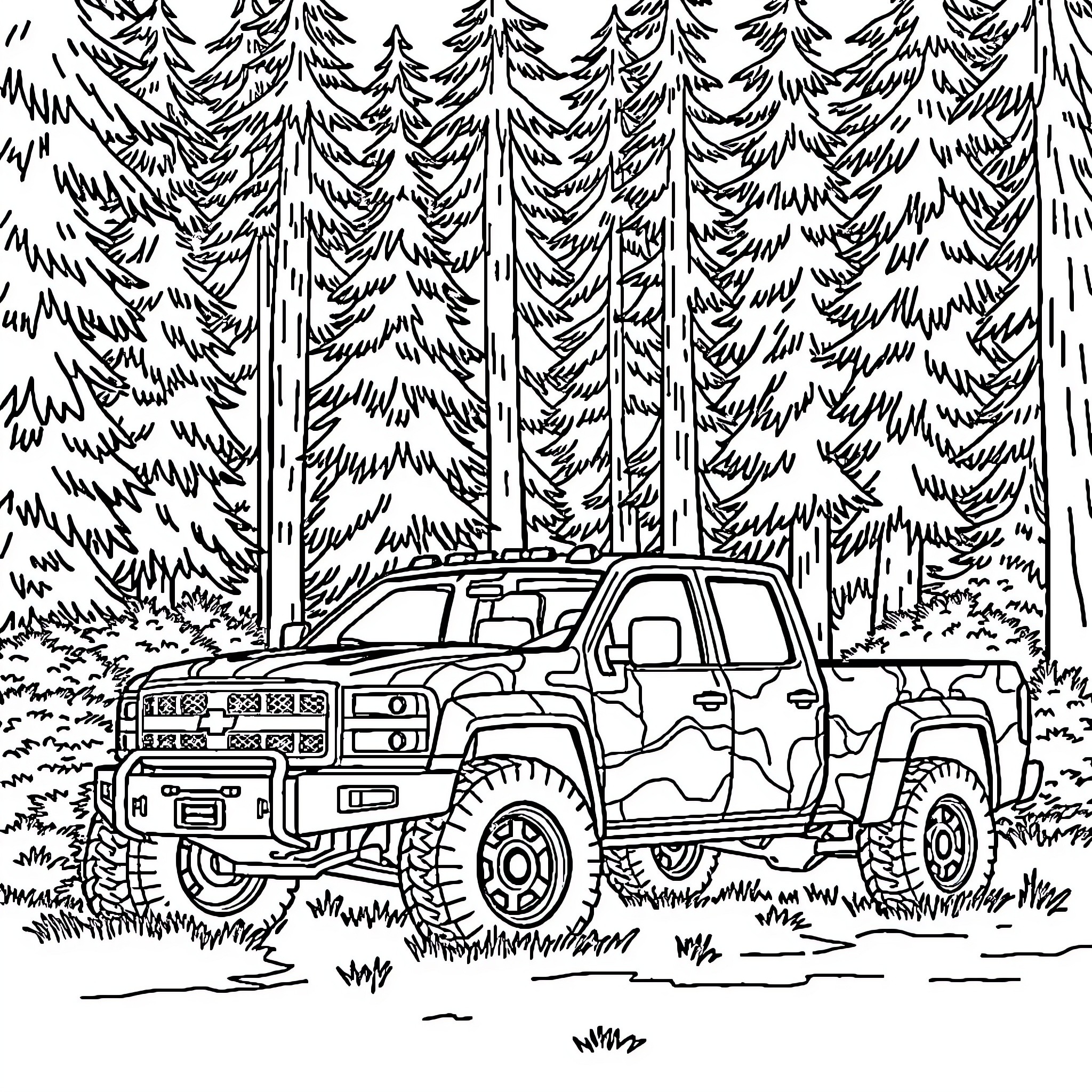 Truck exploring rugged forest landscape Coloring Page (free black-and-white line drawing printable PDF for all, from beginners to advanced learners, including children, teens, adults, and seniors)