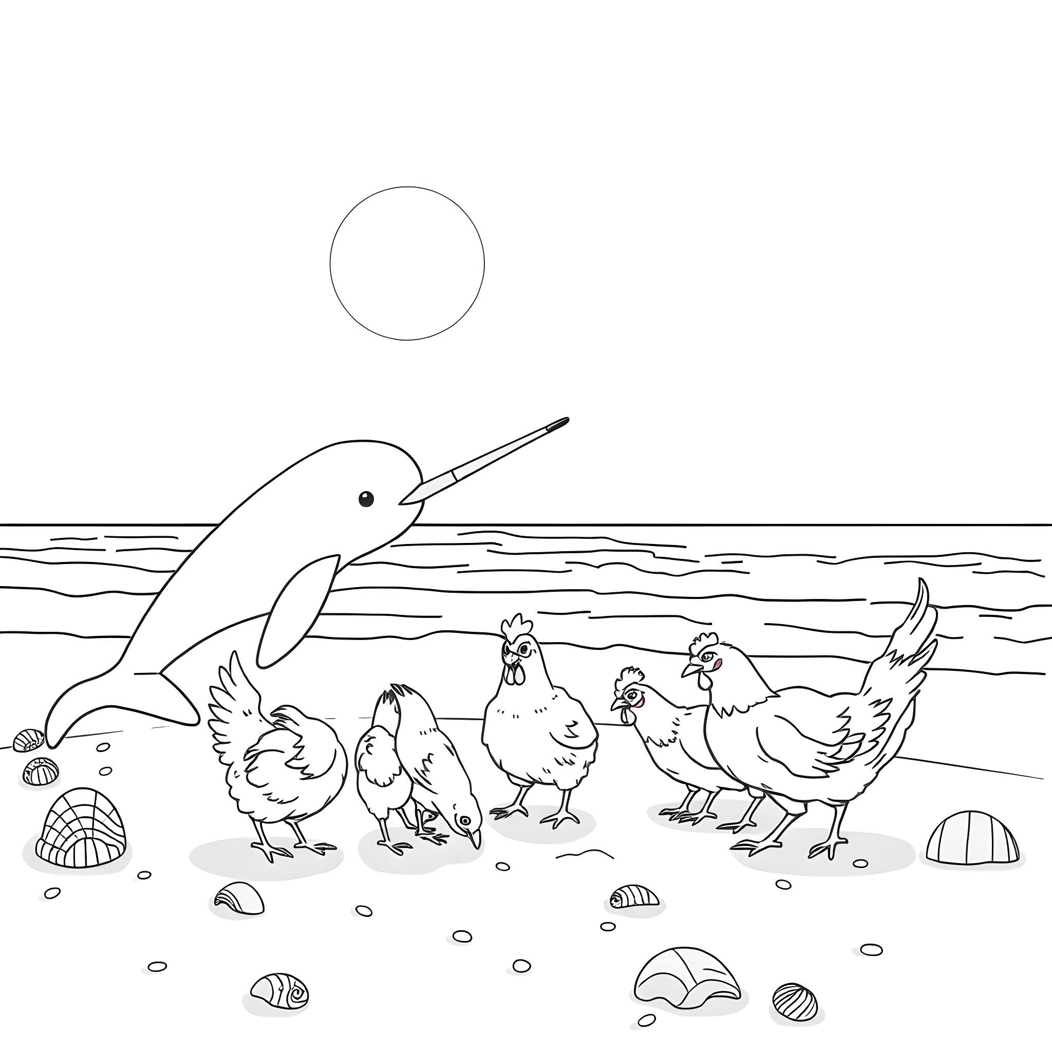 Narwhal swimming with farm animals on the beach Coloring Page (free black-and-white line drawing printable PDF for all, from beginners to advanced learners, including children, teens, adults, and seniors)