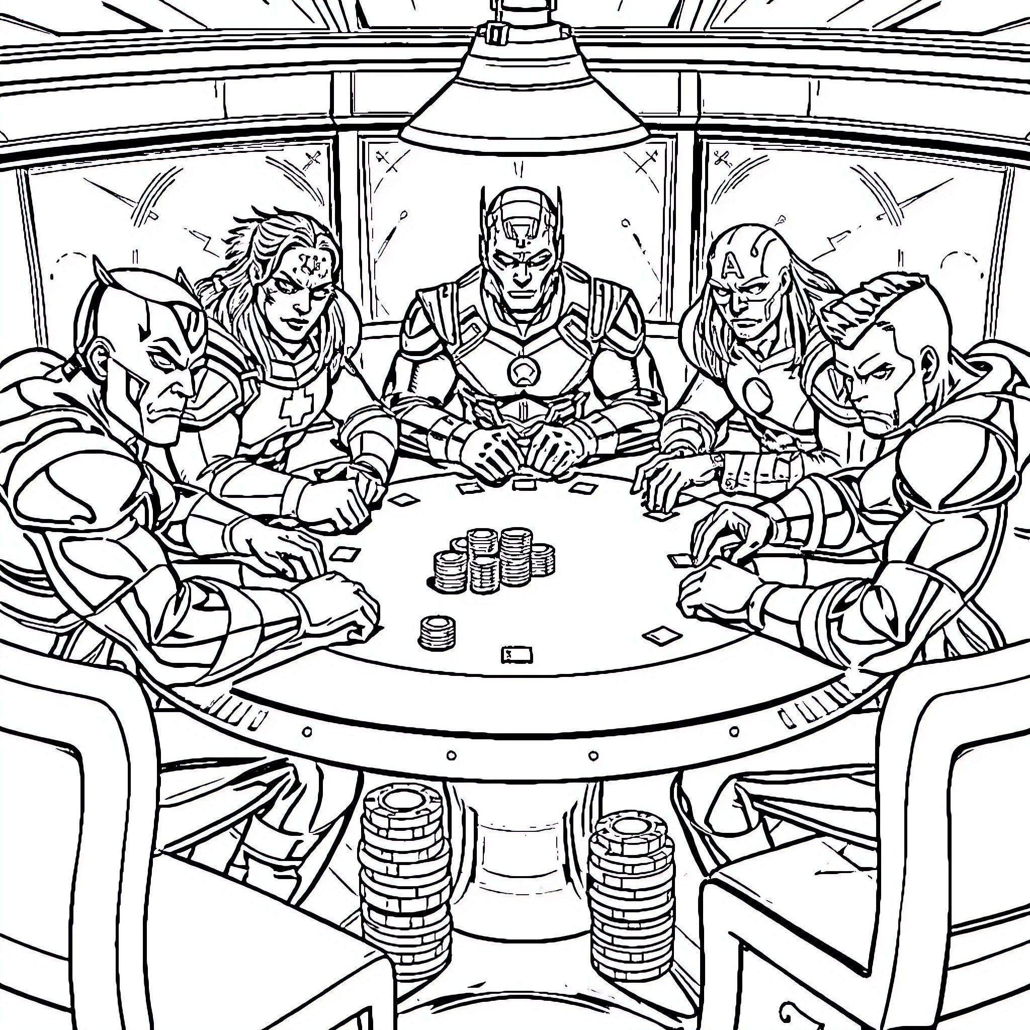 Avenger Heroes Gathered for a Strategy Meeting Coloring Page (free black-and-white line drawing printable PDF for all, from beginners to advanced learners, including children, teens, adults, and seniors)