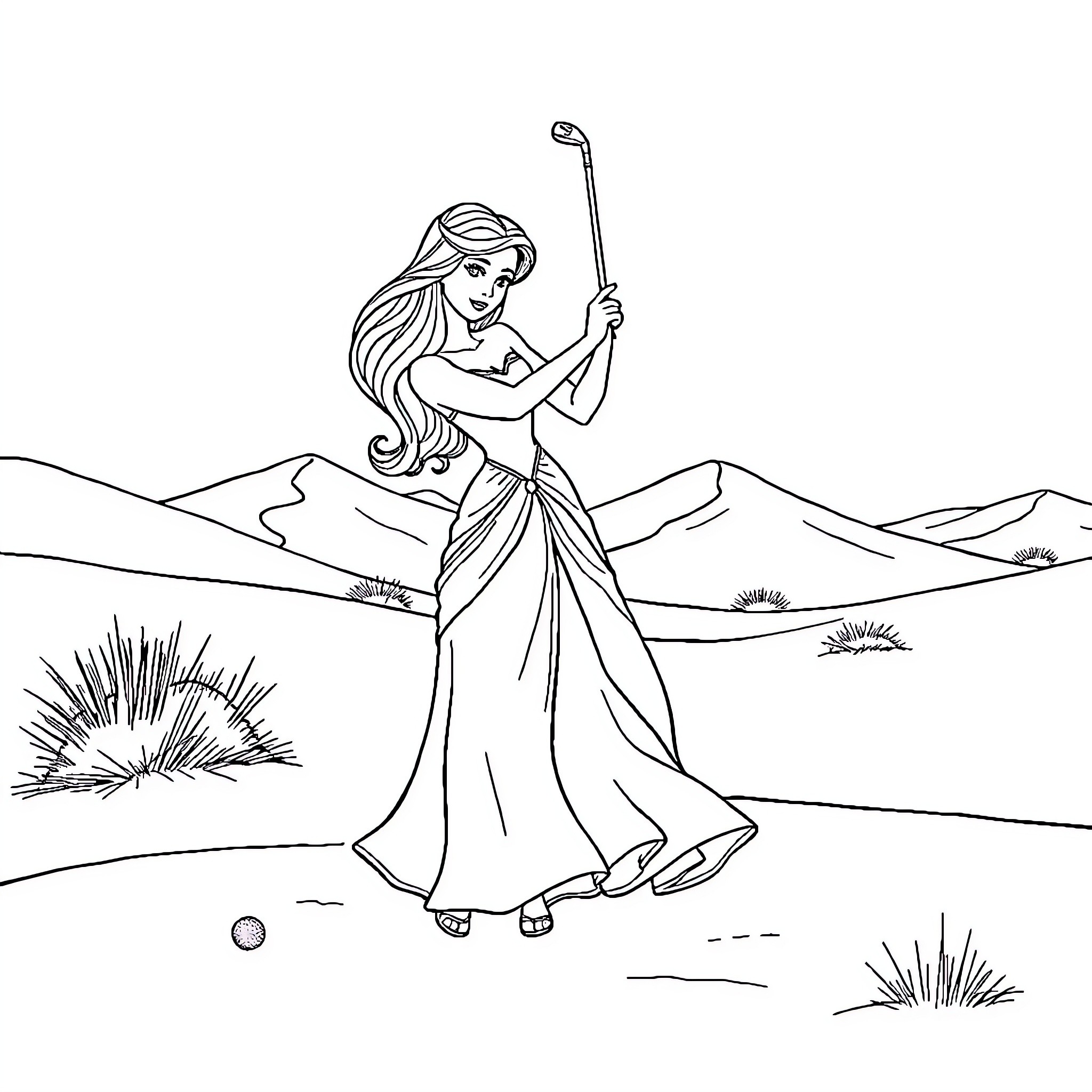 Princess Swinging a Golf Club in the Countryside Coloring Page (free black-and-white line drawing printable PDF for all, from beginners to advanced learners, including children, teens, adults, and seniors)