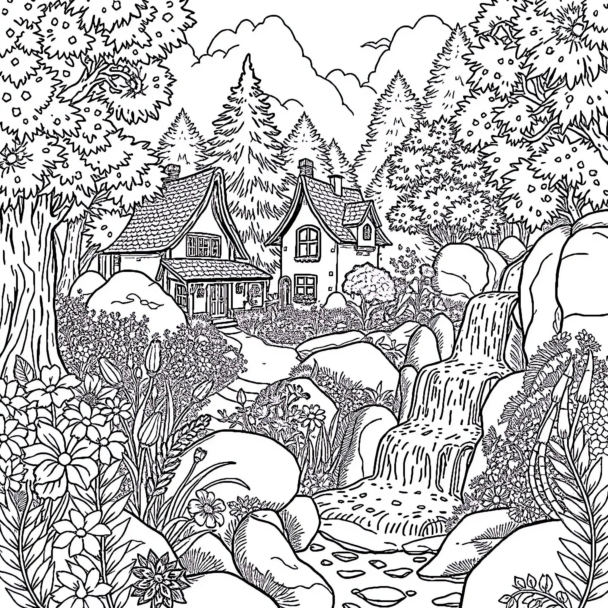 Fairy Forest Sanctuary Amid Towering Trees Coloring Page (free black-and-white line drawing printable PDF for all, from beginners to advanced learners, including children, teens, adults, and seniors)