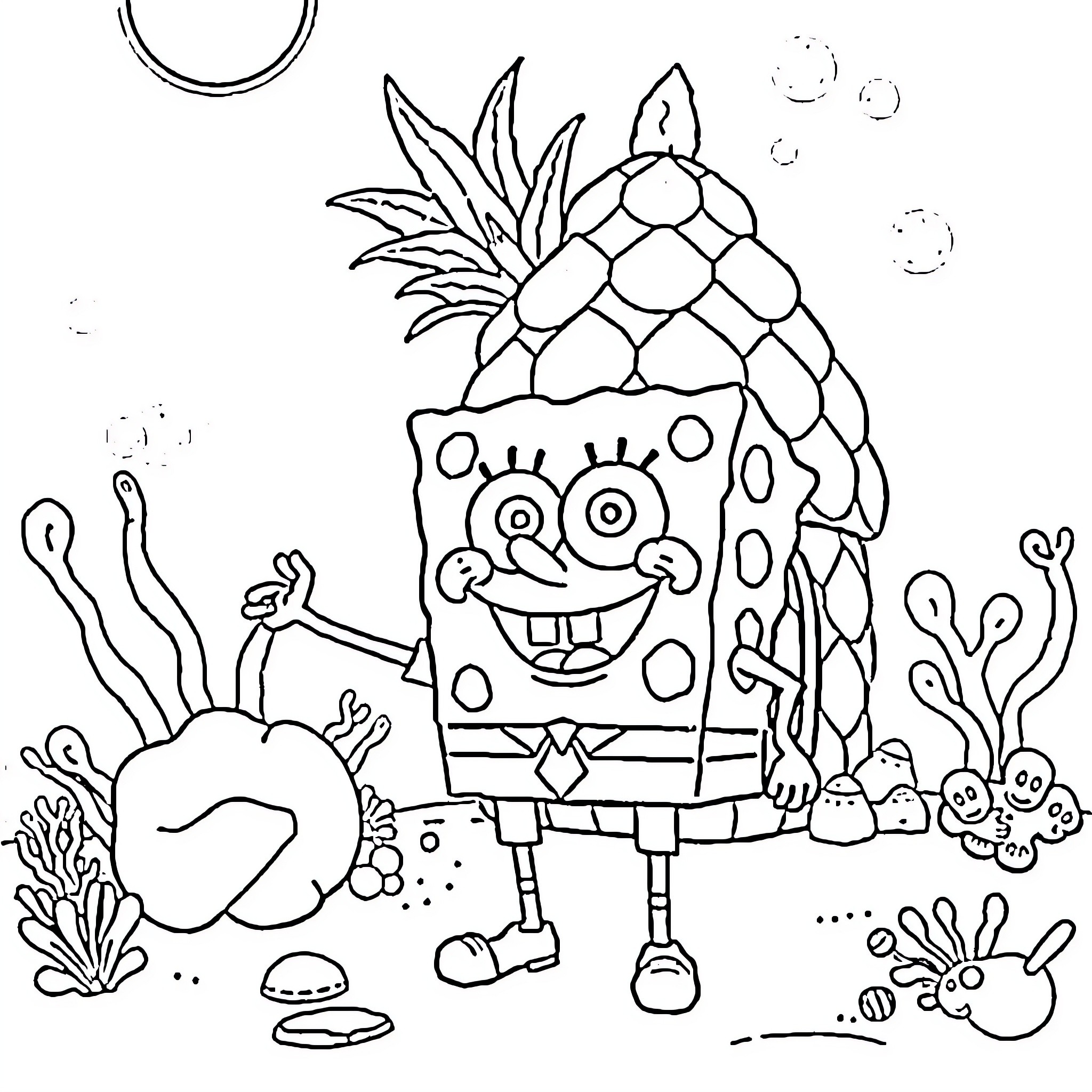 Spongebob exploring underwater wonderland Coloring Page (free black-and-white line drawing printable PDF for all, from beginners to advanced learners, including children, teens, adults, and seniors)