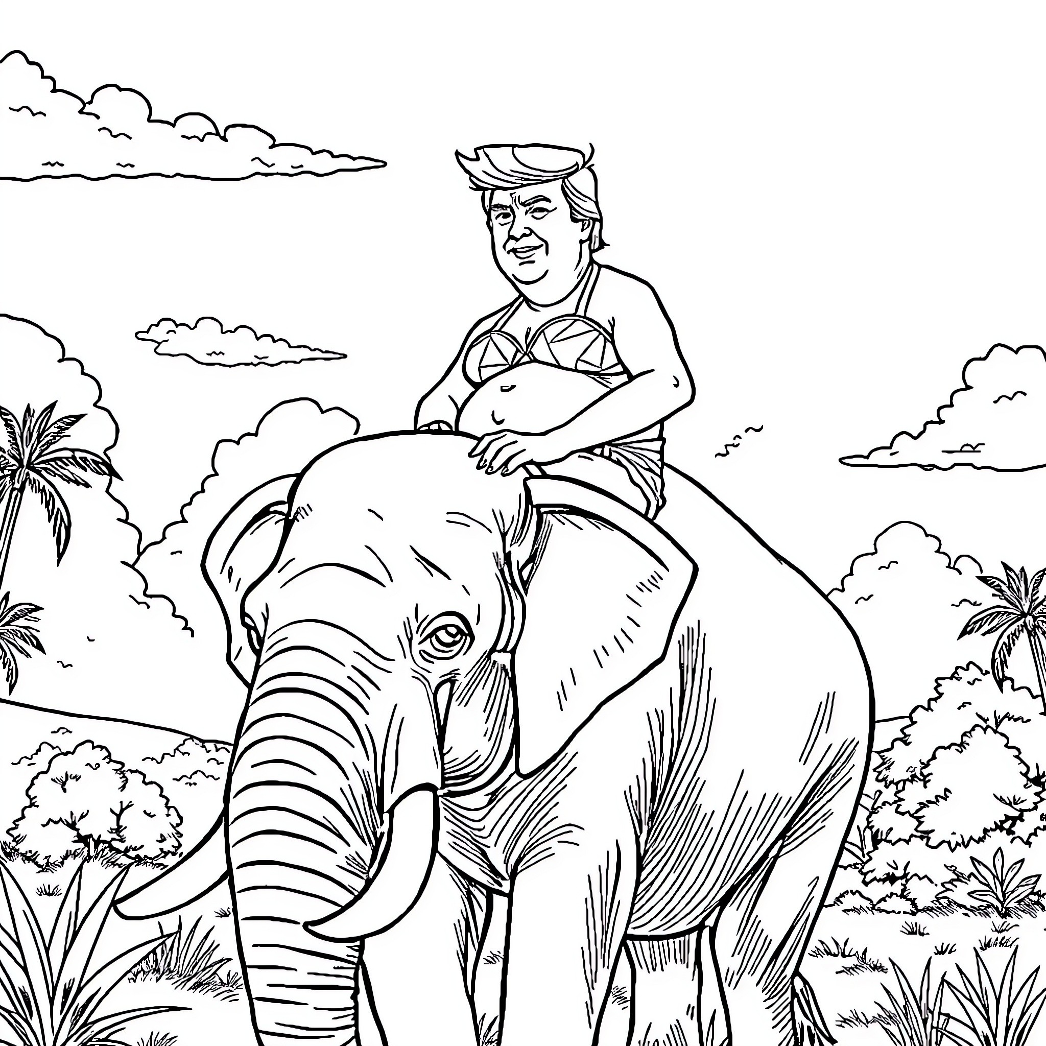 Donald Trump riding an elephant in a tropical setting Coloring Page (free black-and-white line drawing printable PDF for all, from beginners to advanced learners, including children, teens, adults, and seniors)