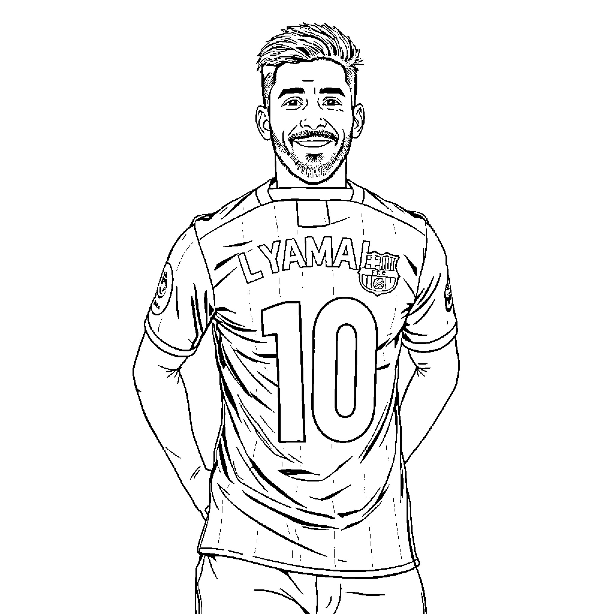 Lamine Yamal playing soccer in uniform Coloring Page (free black-and-white line drawing printable PDF for all, from beginners to advanced learners, including children, teens, adults, and seniors)