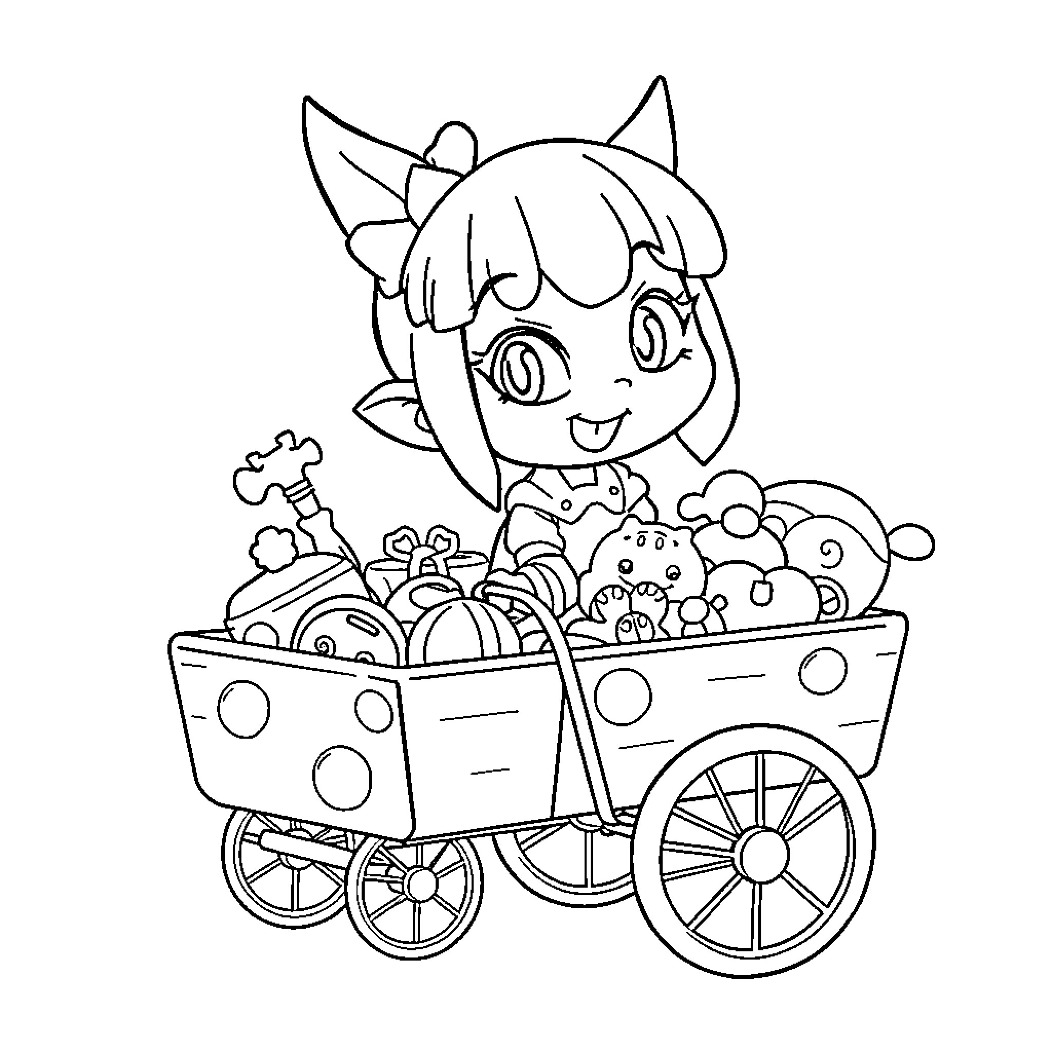 Kuromi collecting various items in a wagon Coloring Page (free black-and-white line drawing printable PDF for all, from beginners to advanced learners, including children, teens, adults, and seniors)
