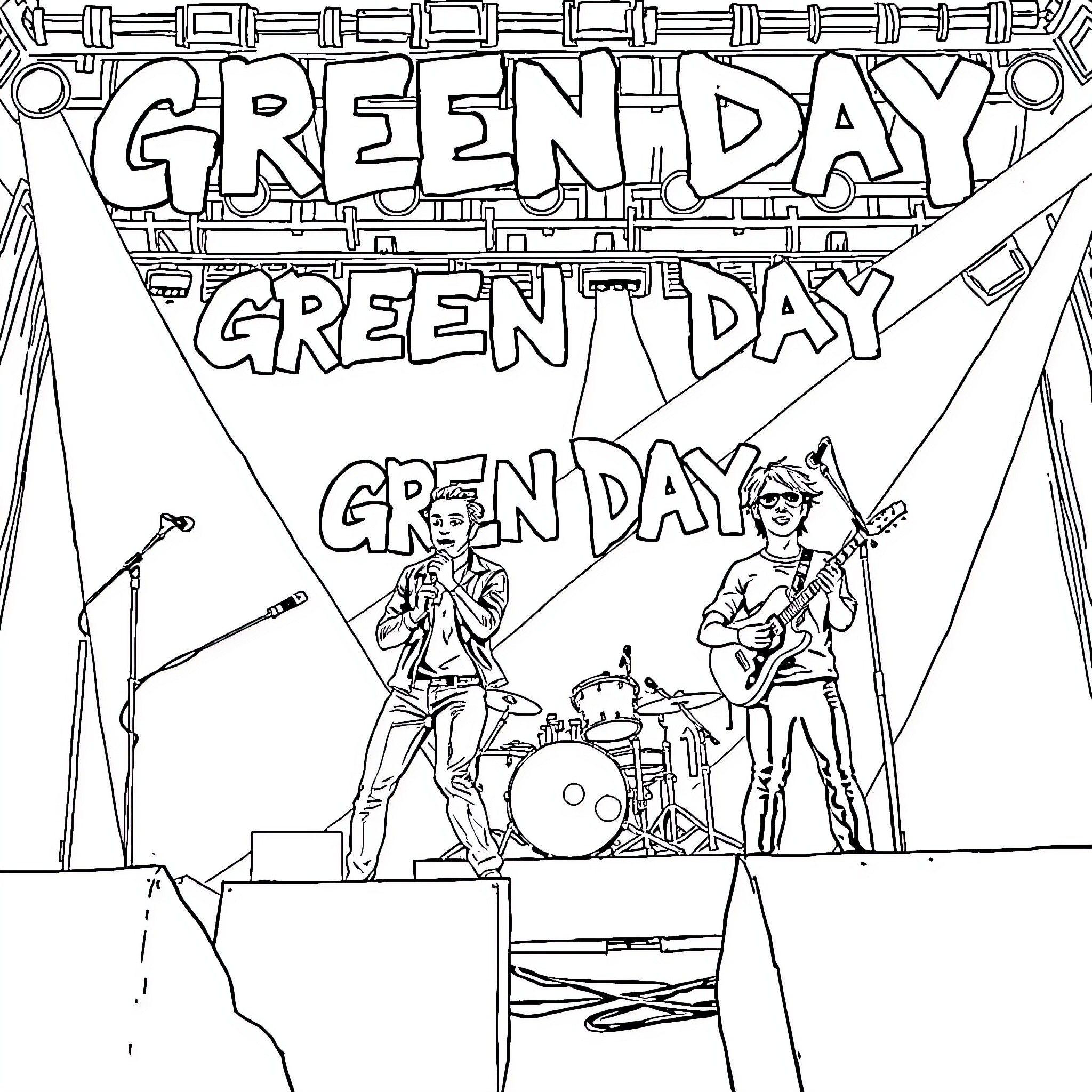 Green Day Live Music Performance Coloring Page (free black-and-white line drawing printable PDF for all, from beginners to advanced learners, including children, teens, adults, and seniors)
