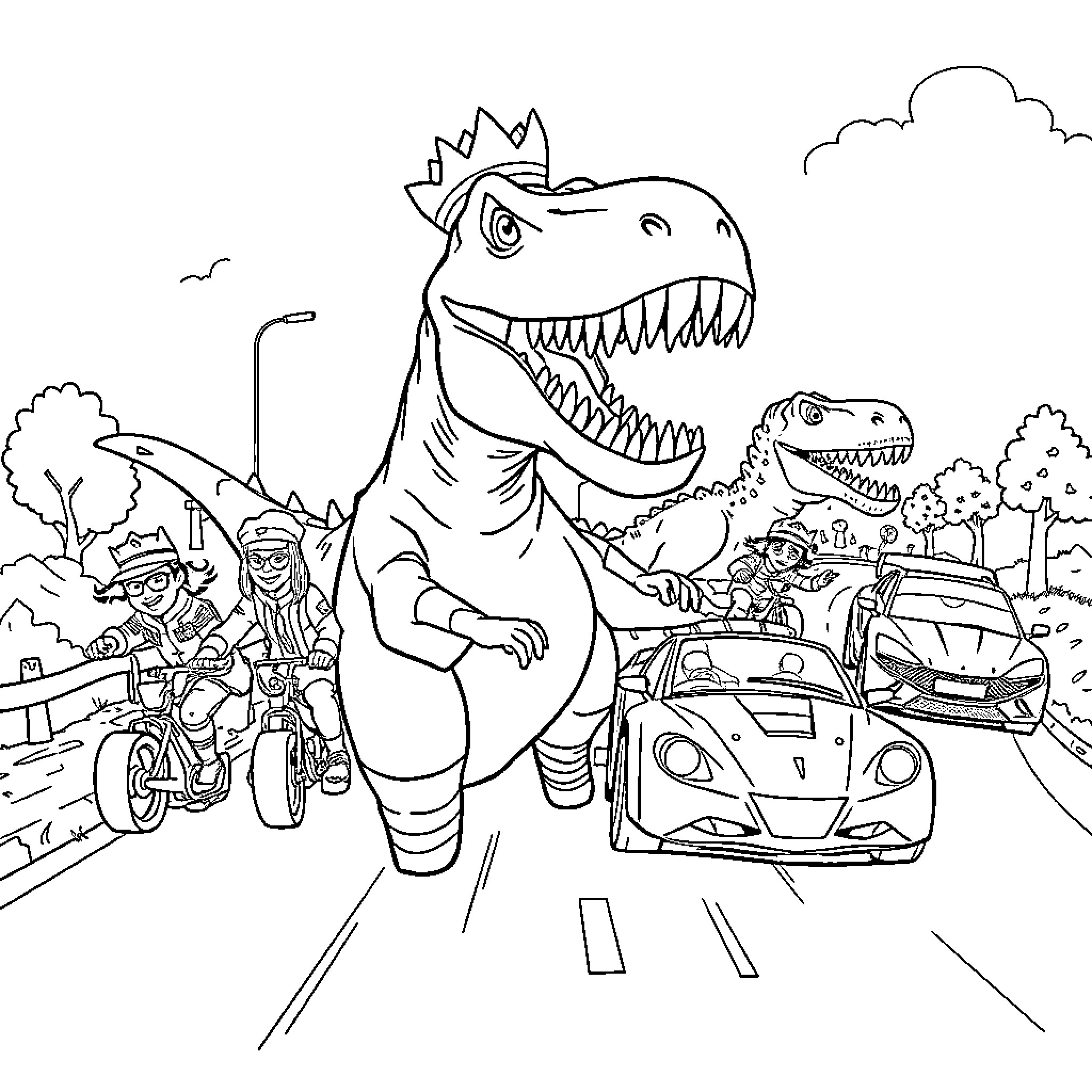 Hero Dinosaurs and Bikers Explore the City Coloring Page (free black-and-white line drawing printable PDF for all, from beginners to advanced learners, including children, teens, adults, and seniors)