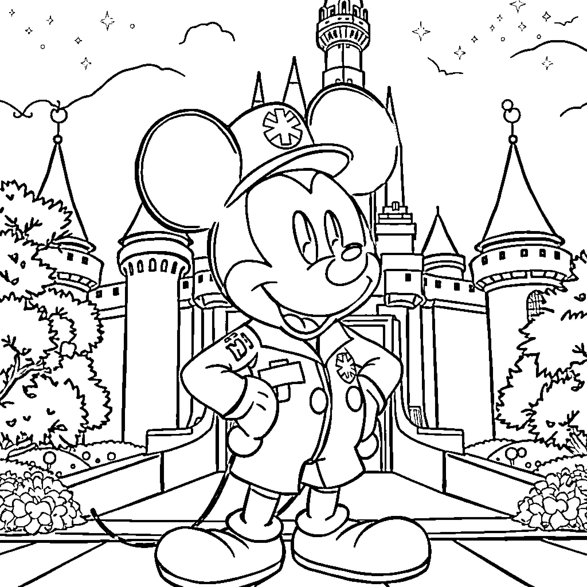 Mickey Mouse exploring a magical castle Coloring Page (free black-and-white line drawing printable PDF for all, from beginners to advanced learners, including children, teens, adults, and seniors)