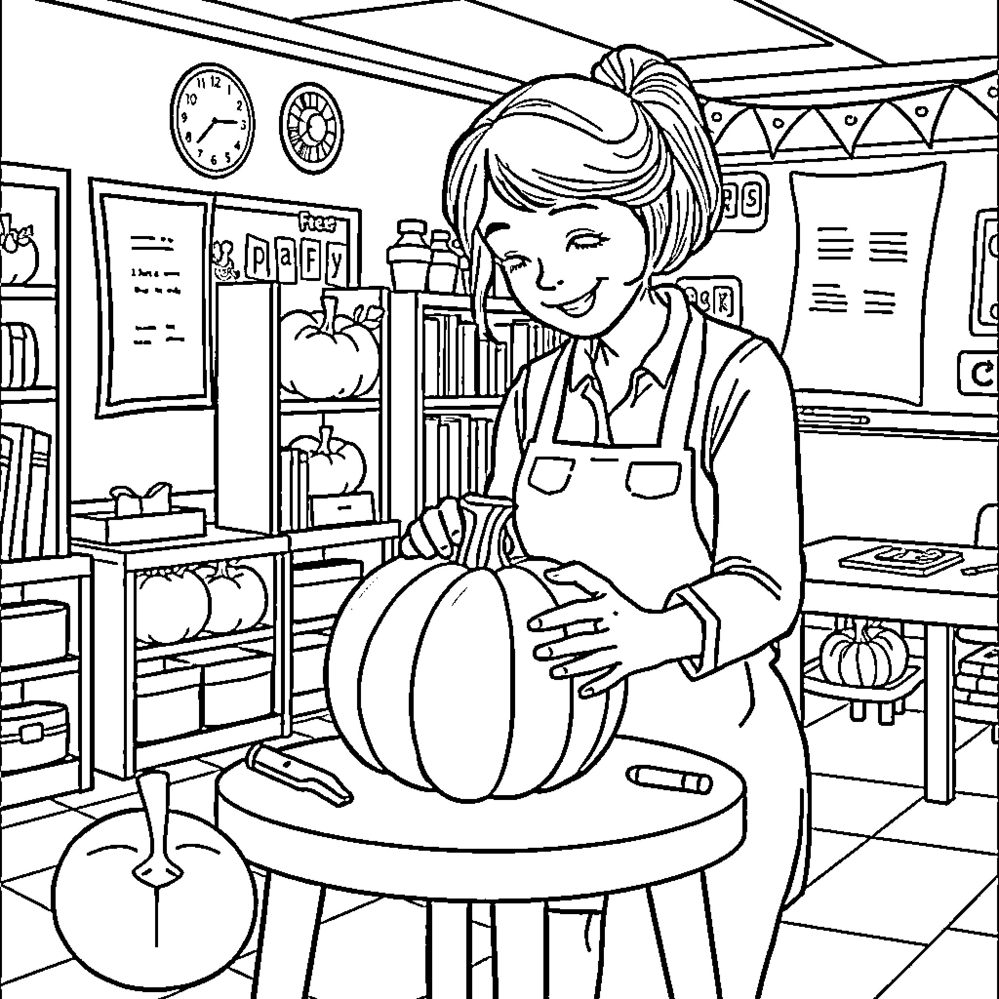 Teacher decorating classroom for fall season Coloring Page (free black-and-white line drawing printable PDF for all, from beginners to advanced learners, including children, teens, adults, and seniors)